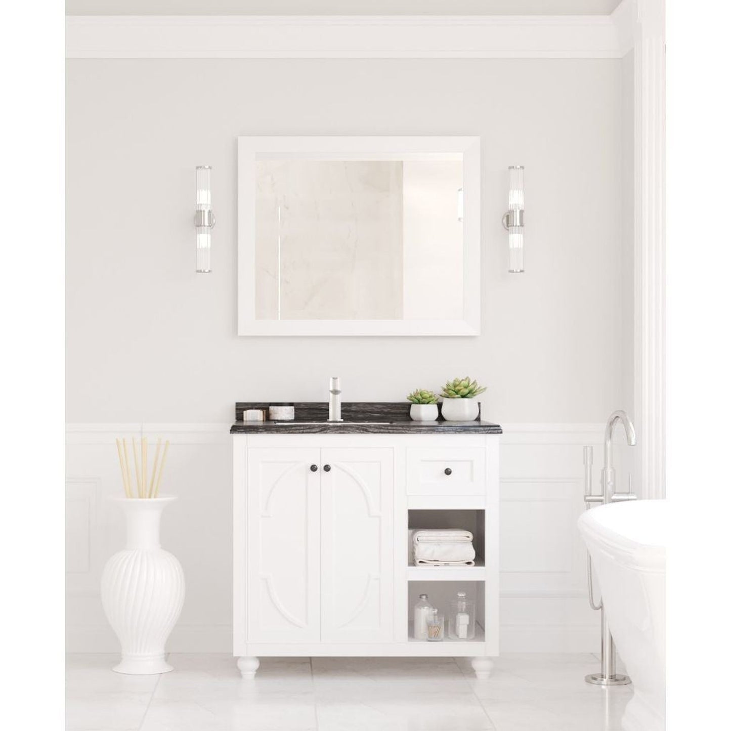 Laviva Odyssey 36" White Vanity Base and Black Wood Marble Countertop With Left Offset Rectangular Ceramic Sink