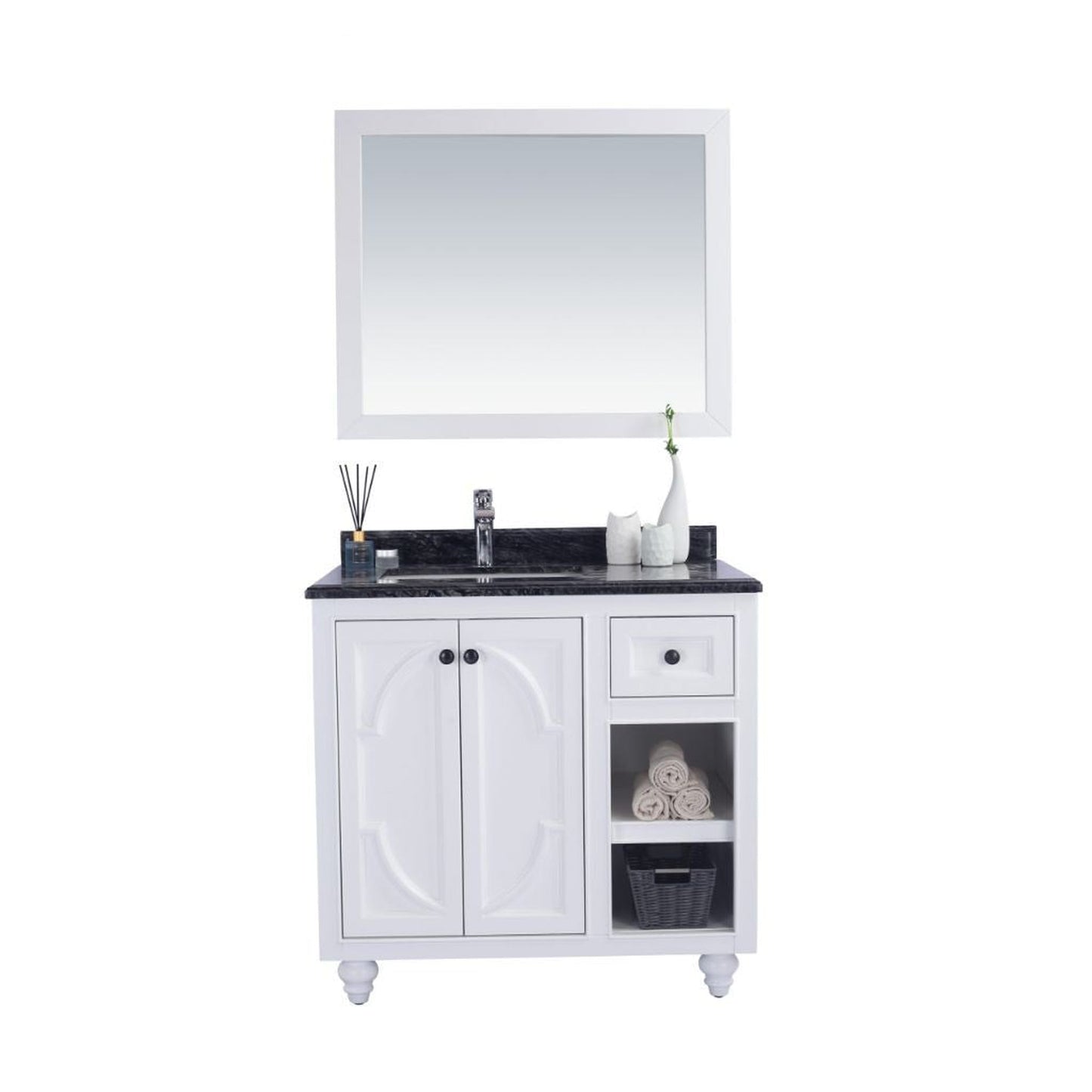 Laviva Odyssey 36" White Vanity Base and Black Wood Marble Countertop With Left Offset Rectangular Ceramic Sink