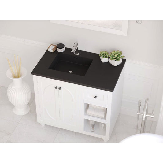 Laviva Odyssey 36" White Vanity Base and Matte Black Solid Surface Countertop With Left Offset Integrated Sink