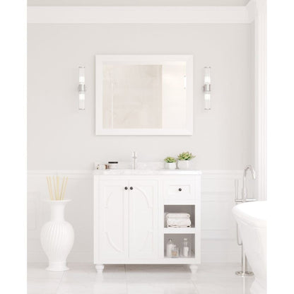 Laviva Odyssey 36" White Vanity Base and White Carrara Marble Countertop With Left Offset Rectangular Ceramic Sink