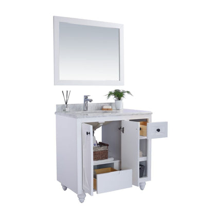 Laviva Odyssey 36" White Vanity Base and White Carrara Marble Countertop With Left Offset Rectangular Ceramic Sink