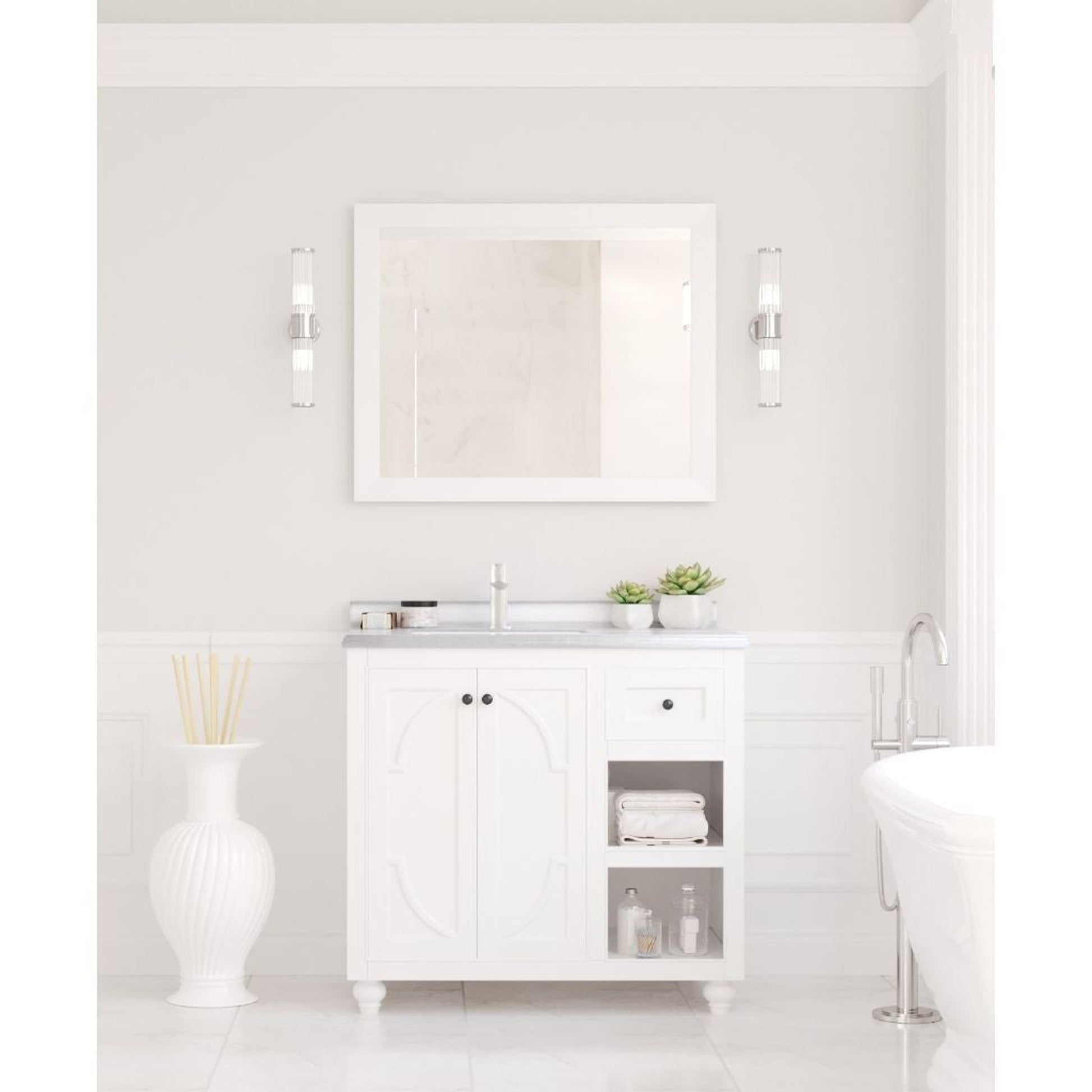 Laviva Odyssey 36" White Vanity Base and White Stripes Marble Countertop With Left Offset Rectangular Ceramic Sink