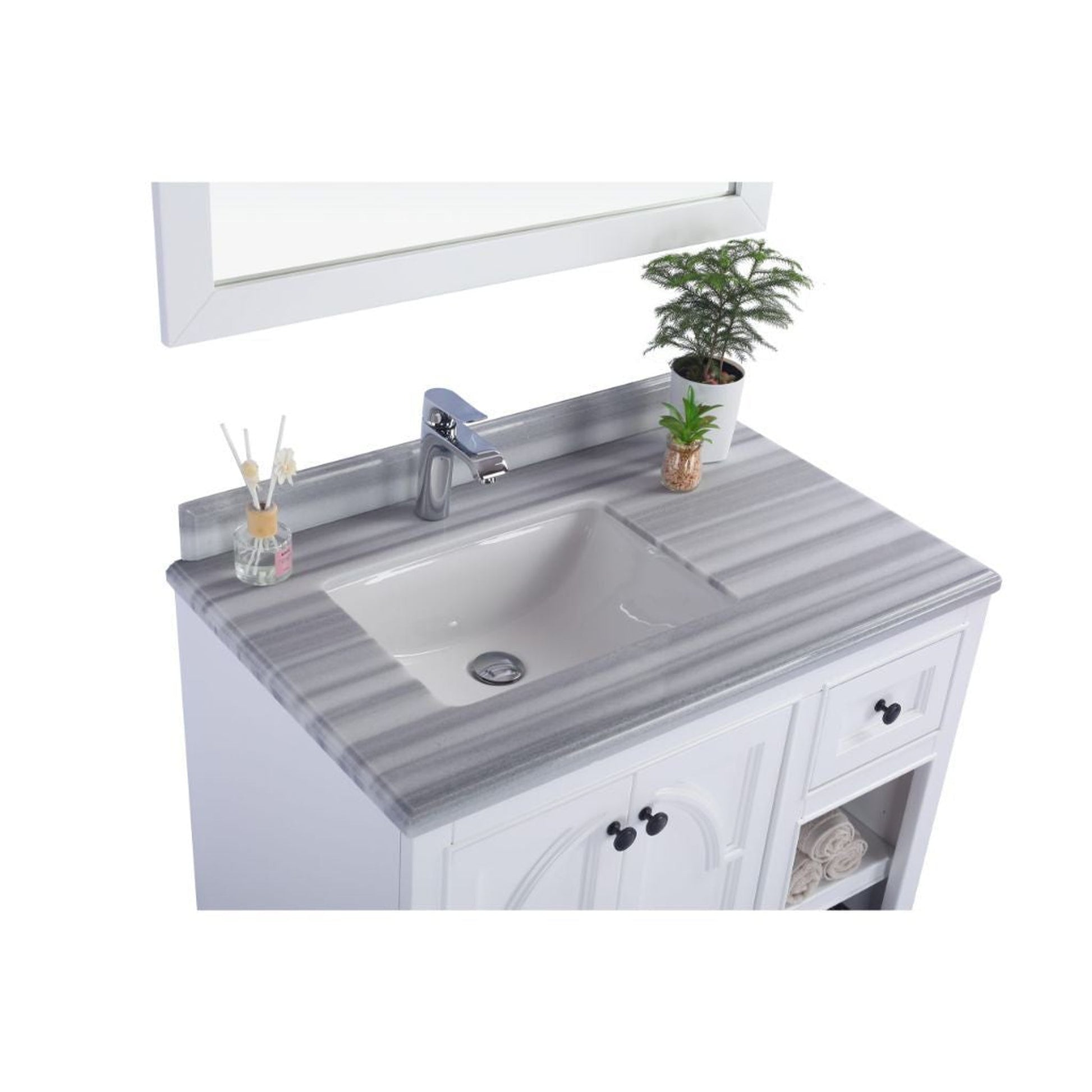 Laviva Odyssey 36" White Vanity Base and White Stripes Marble Countertop With Left Offset Rectangular Ceramic Sink