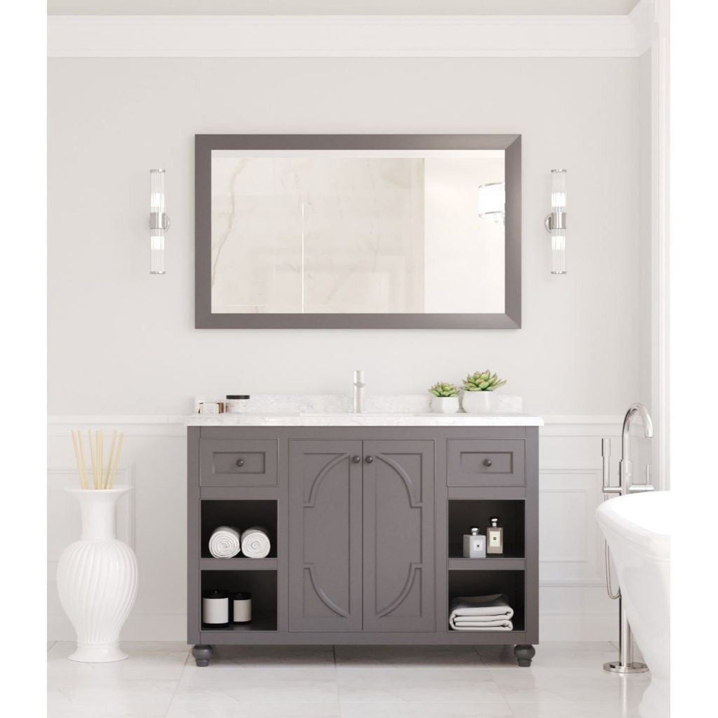 Laviva Odyssey 48" Maple Gray Vanity Base and White Carrara Marble Countertop With Rectangular Ceramic Sink