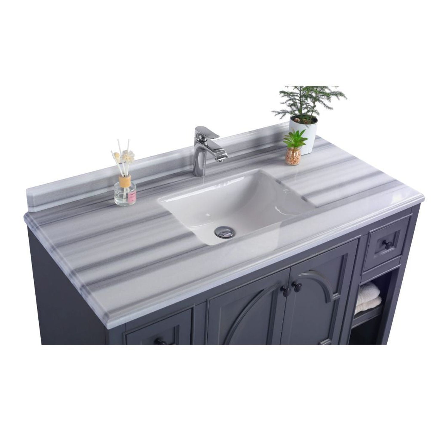Laviva Odyssey 48" Maple Gray Vanity Base and White Stripes Marble Countertop With Rectangular Ceramic Sink