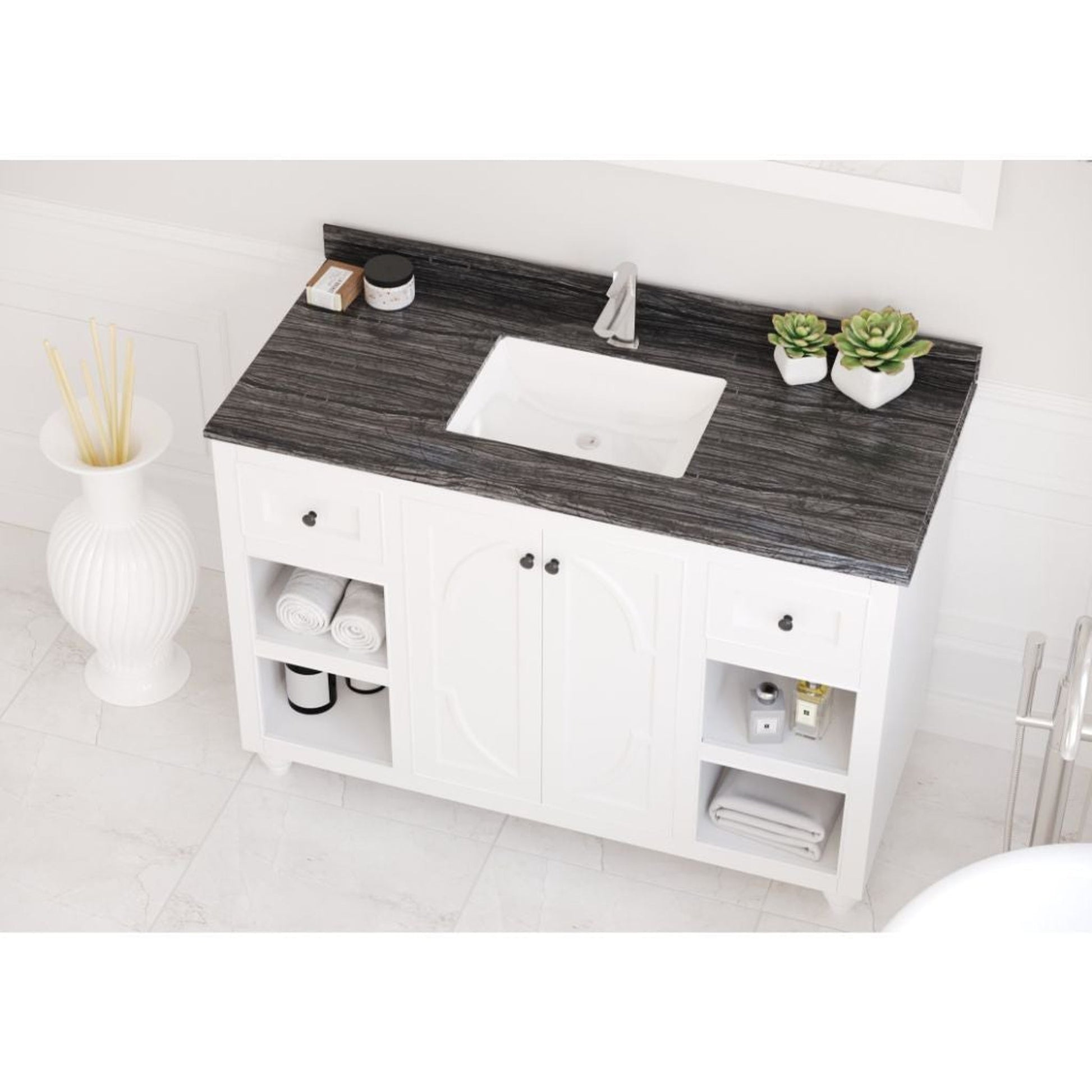 Laviva Odyssey 48" White Vanity Base and Black Wood Marble Countertop With Rectangular Ceramic Sink