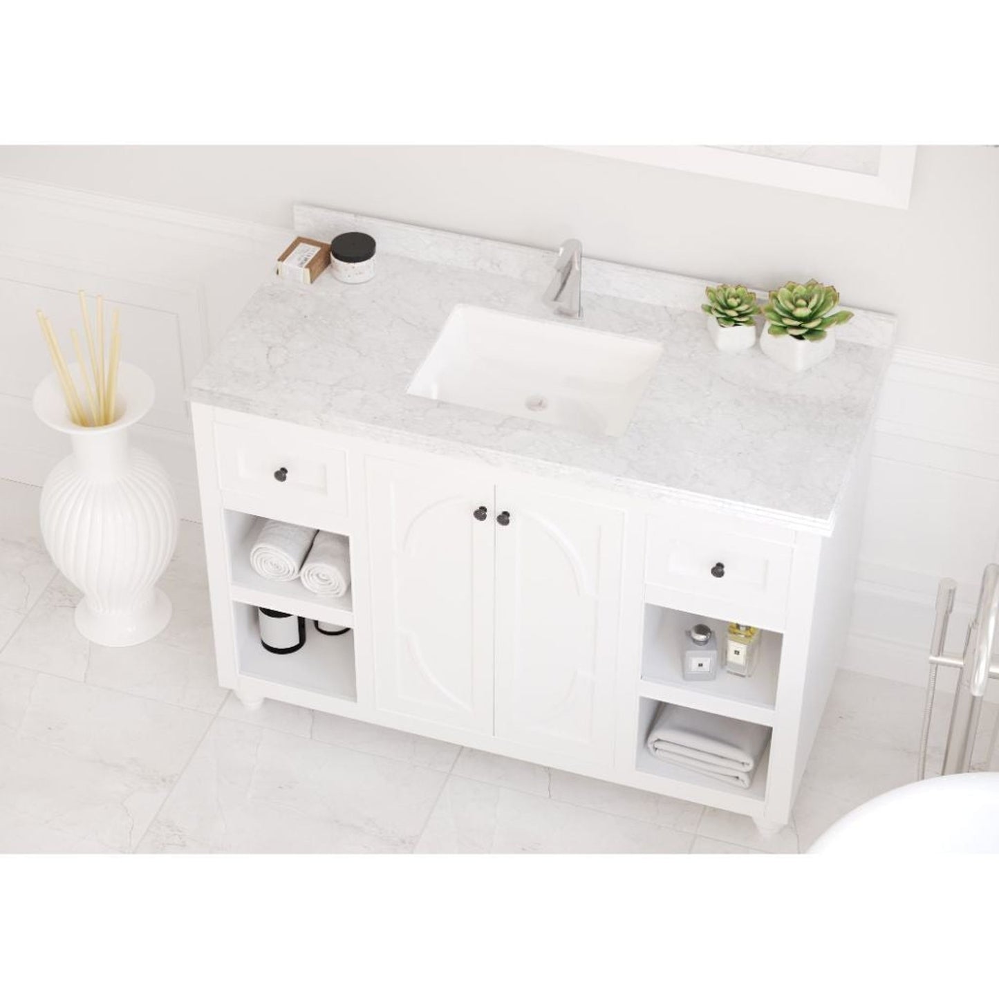 Laviva Odyssey 48" White Vanity Base and White Carrara Marble Countertop With Rectangular Ceramic Sink