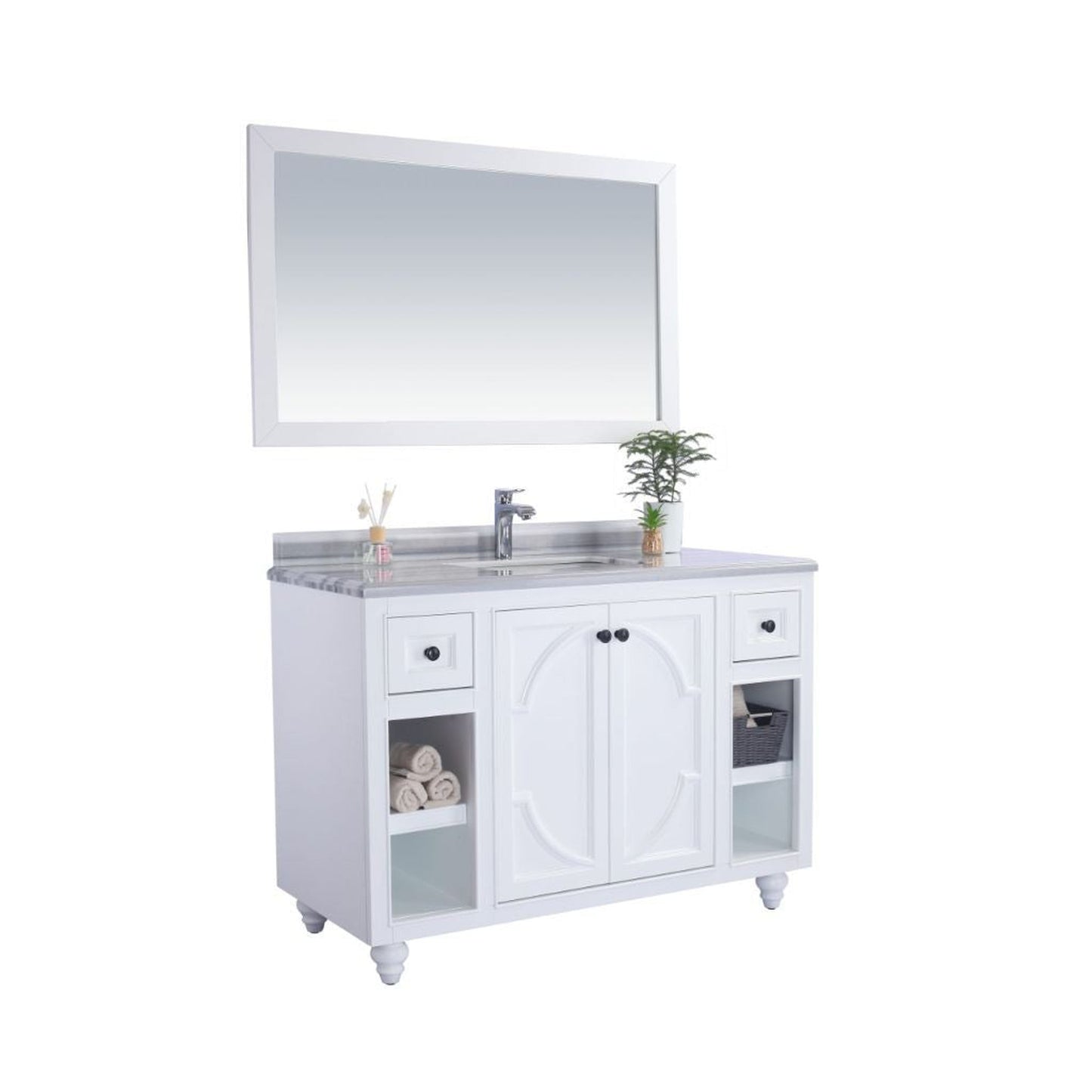 Laviva Odyssey 48" White Vanity Base and White Stripes Marble Countertop With Rectangular Ceramic Sink