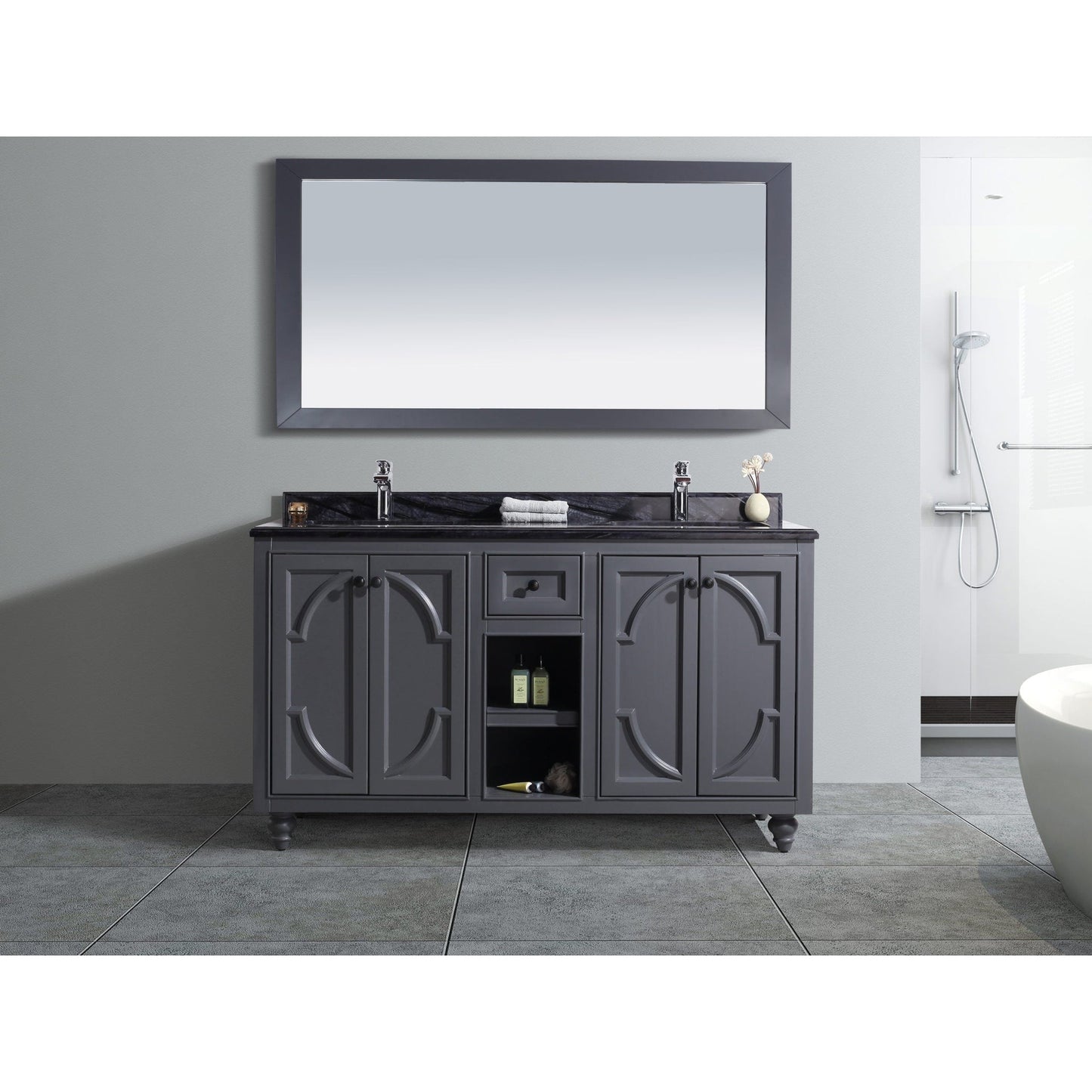Laviva Odyssey 60" Maple Gray Vanity Base and Black Wood Marble Countertop With Double Rectangular Ceramic Sinks
