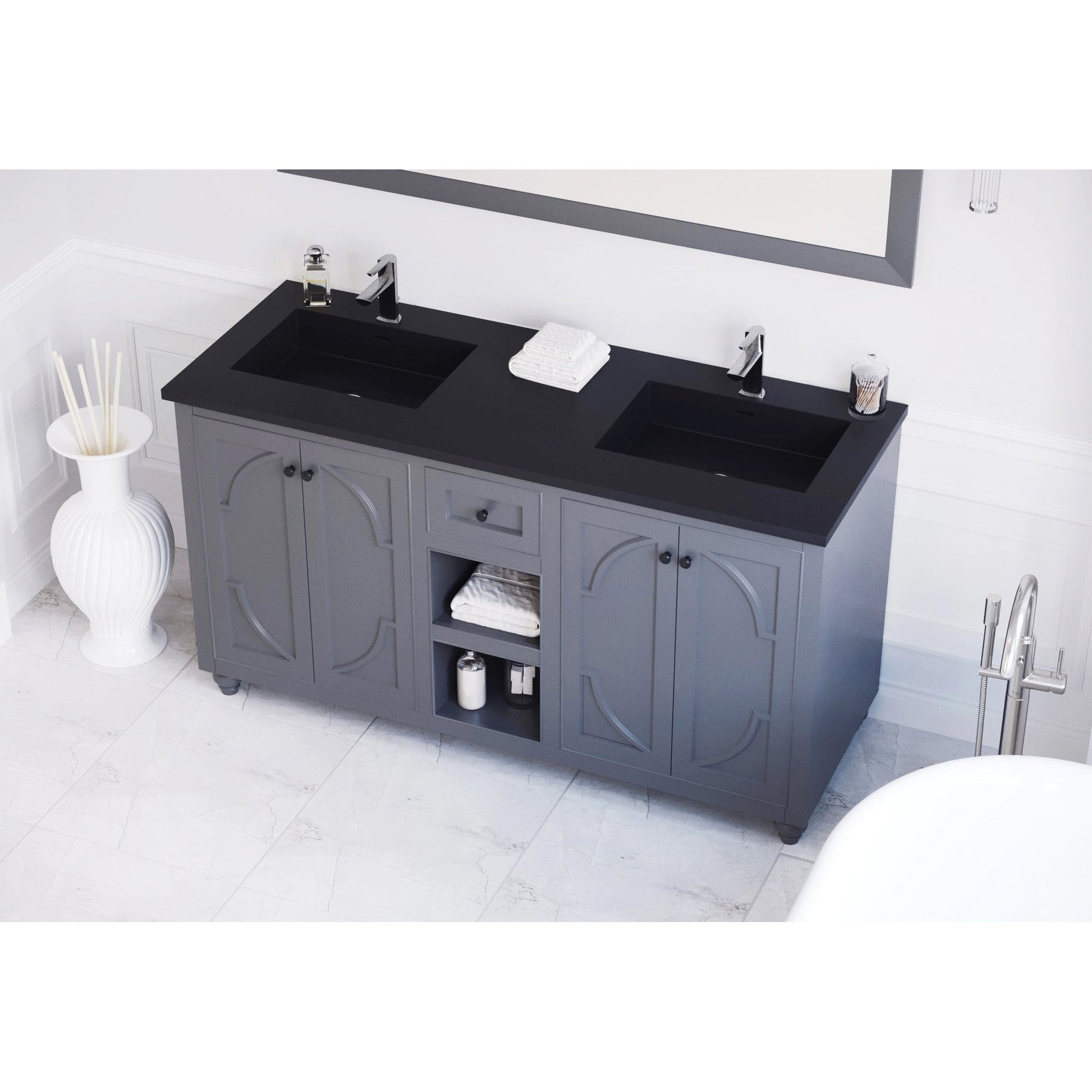 Laviva Odyssey 60" Maple Gray Vanity Base and Matte Black Solid Surface Countertop With Double Integrated Sinks