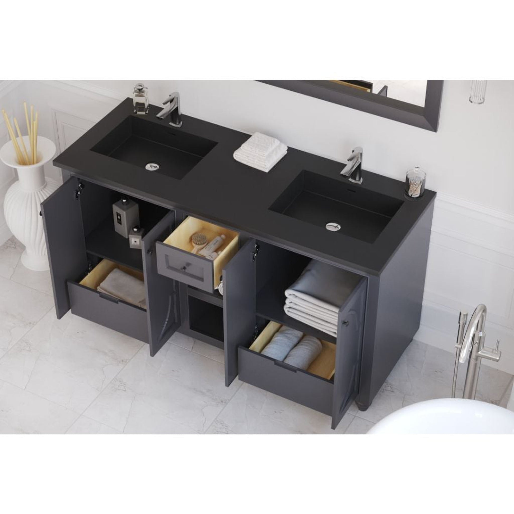 Laviva Odyssey 60" Maple Gray Vanity Base and Matte Black Solid Surface Countertop With Double Integrated Sinks