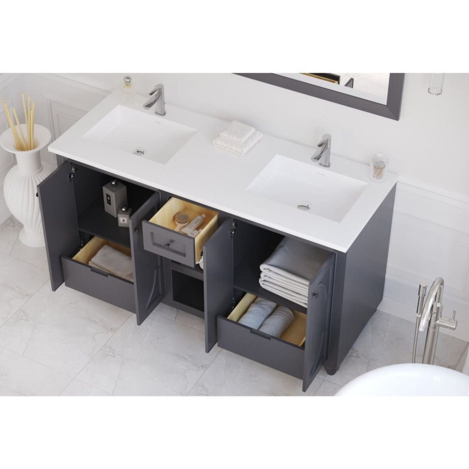 Laviva Odyssey 60" Maple Gray Vanity Base and Matte White Solid Surface Countertop With Double Integrated Sinks