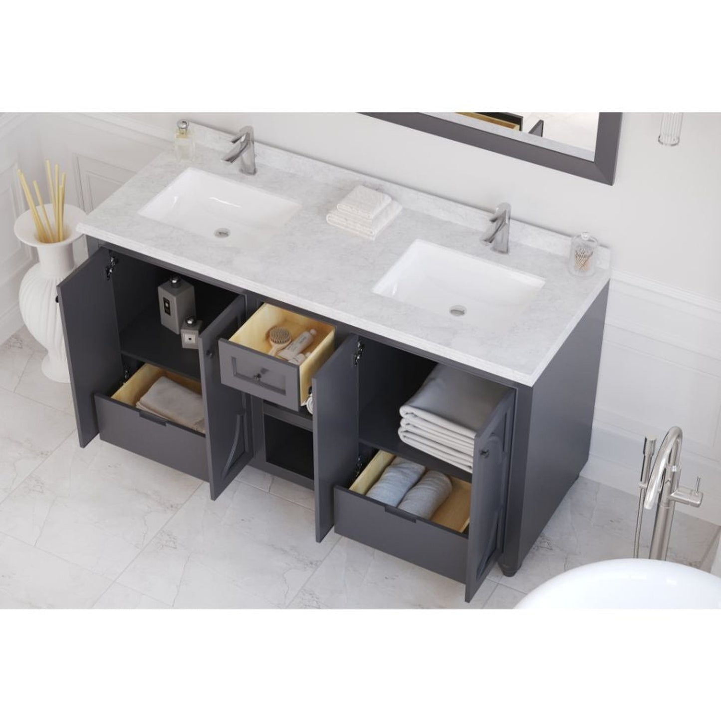 Laviva Odyssey 60" Maple Gray Vanity Base and White Carrara Marble Countertop With Double Rectangular Ceramic Sinks