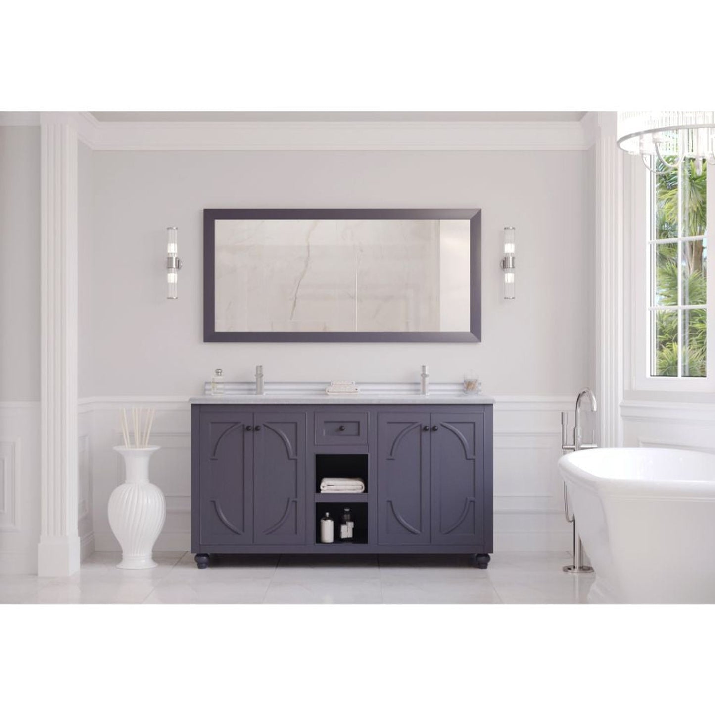 Laviva Odyssey 60" Maple Gray Vanity Base and White Stripes Marble Countertop With Double Rectangular Ceramic Sinks