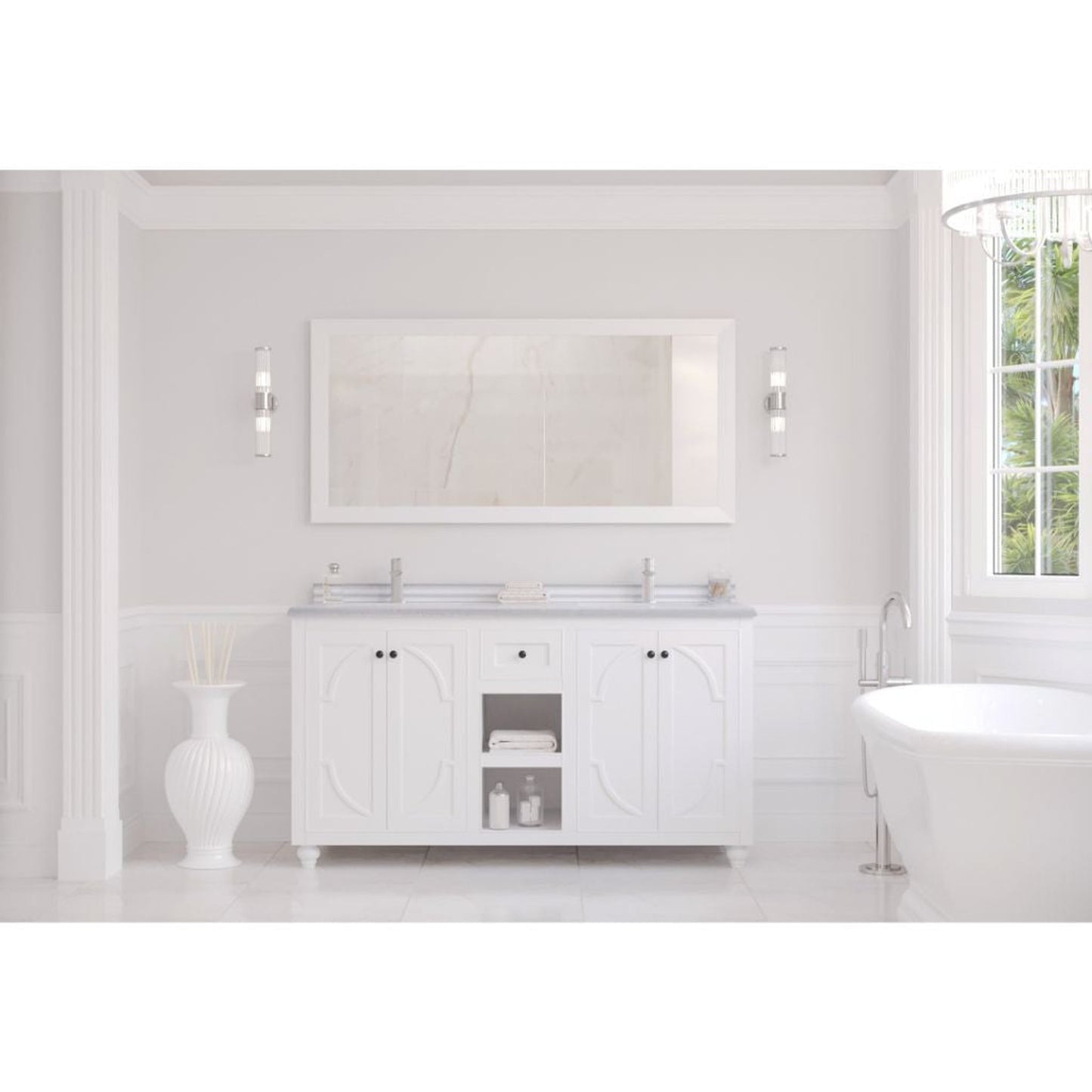 Laviva Odyssey 60" White Cabinet Vanity Base and White Stripes Marble Countertop With Double Rectangular Ceramic Sinks