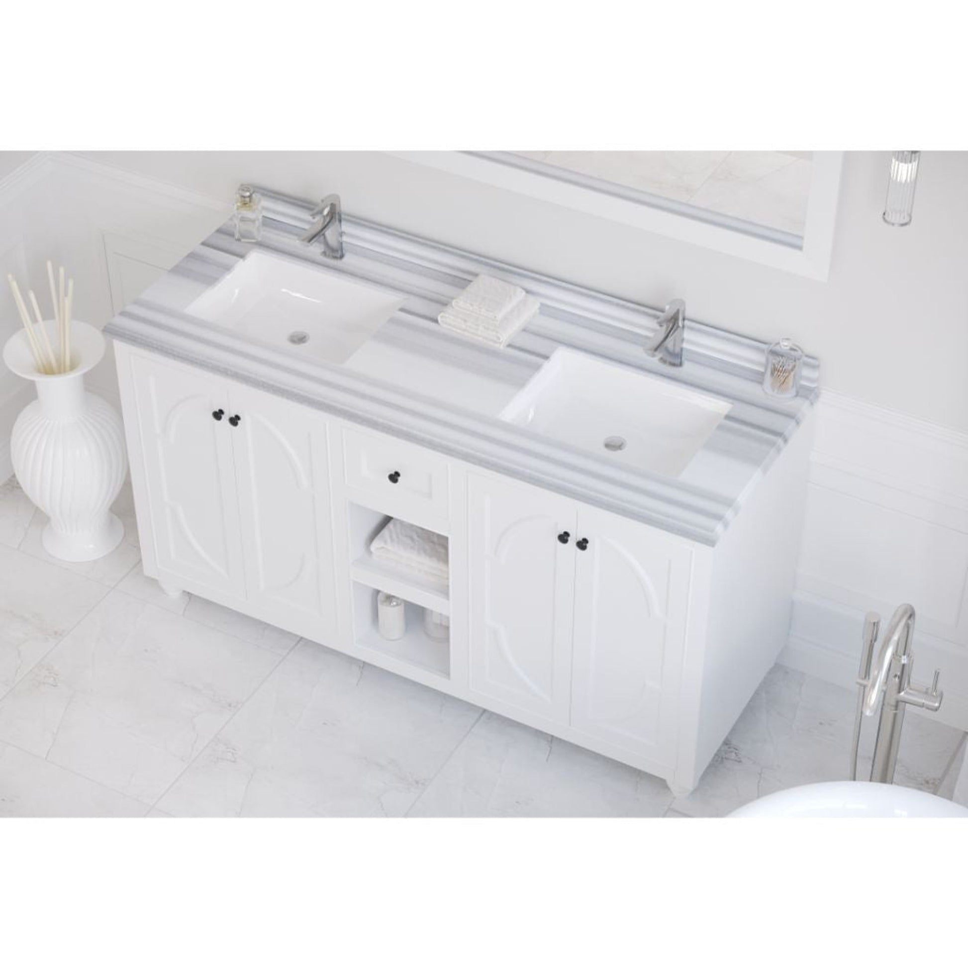 Laviva Odyssey 60" White Cabinet Vanity Base and White Stripes Marble Countertop With Double Rectangular Ceramic Sinks