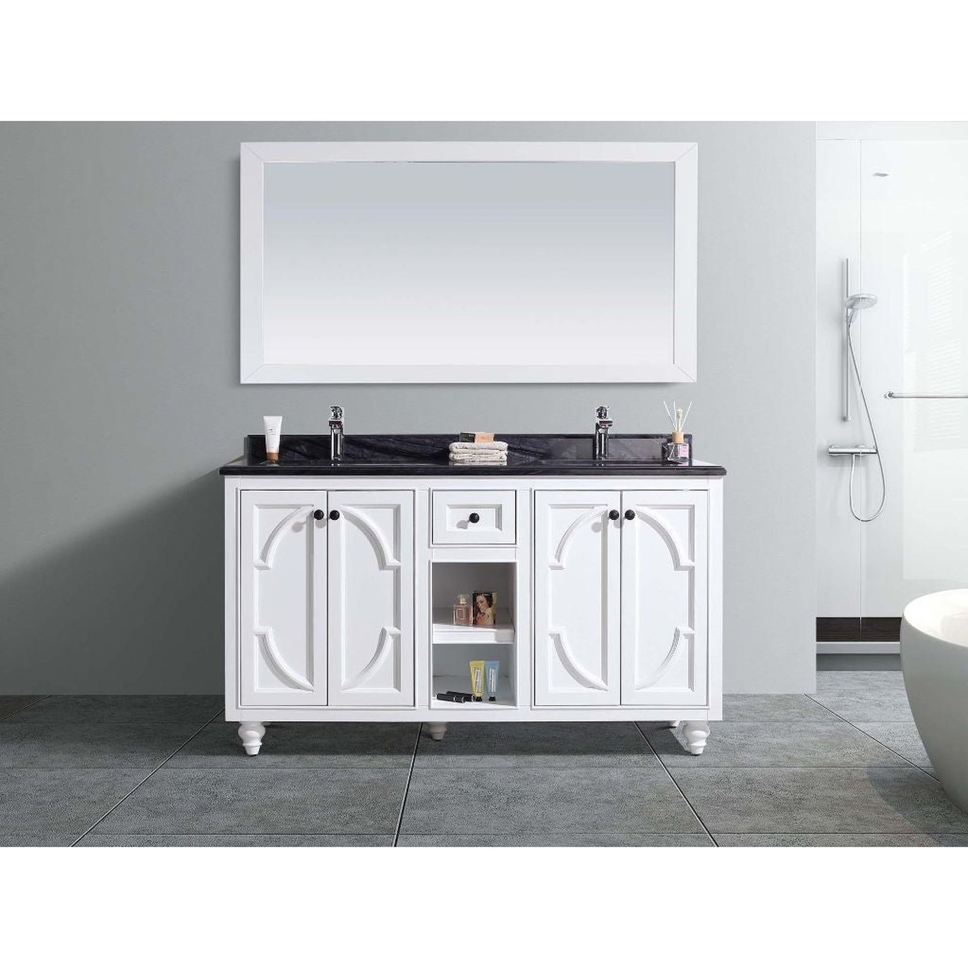 Laviva Odyssey 60" White Vanity Base and Black Wood Marble Countertop With Double Rectangular Ceramic Sinks