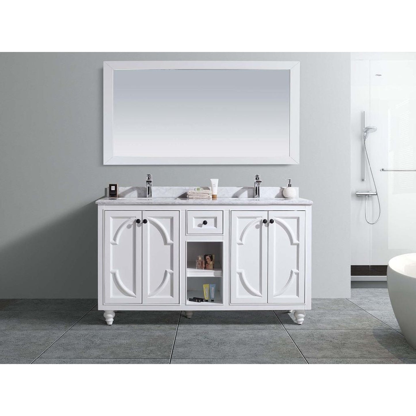 Laviva Odyssey 60" White Vanity Base and White Carrara Marble Countertop With Double Rectangular Ceramic Sinks