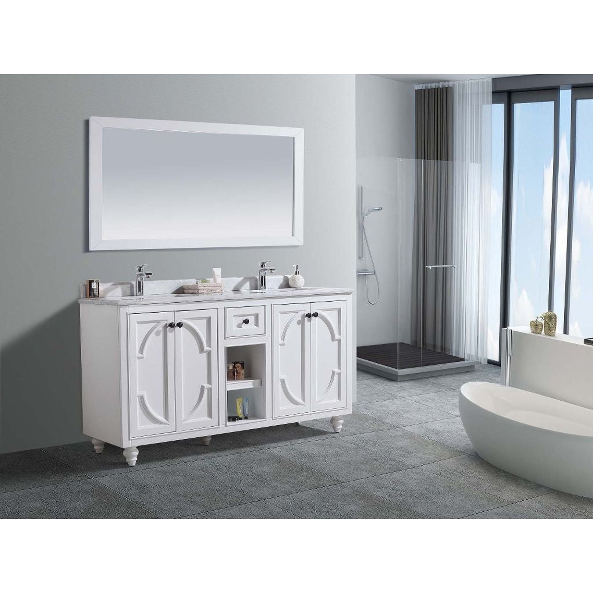 Laviva Odyssey 60" White Vanity Base and White Carrara Marble Countertop With Double Rectangular Ceramic Sinks