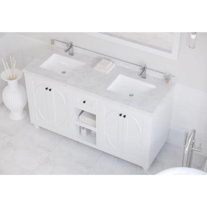 Laviva Odyssey 60" White Vanity Base and White Carrara Marble Countertop With Double Rectangular Ceramic Sinks