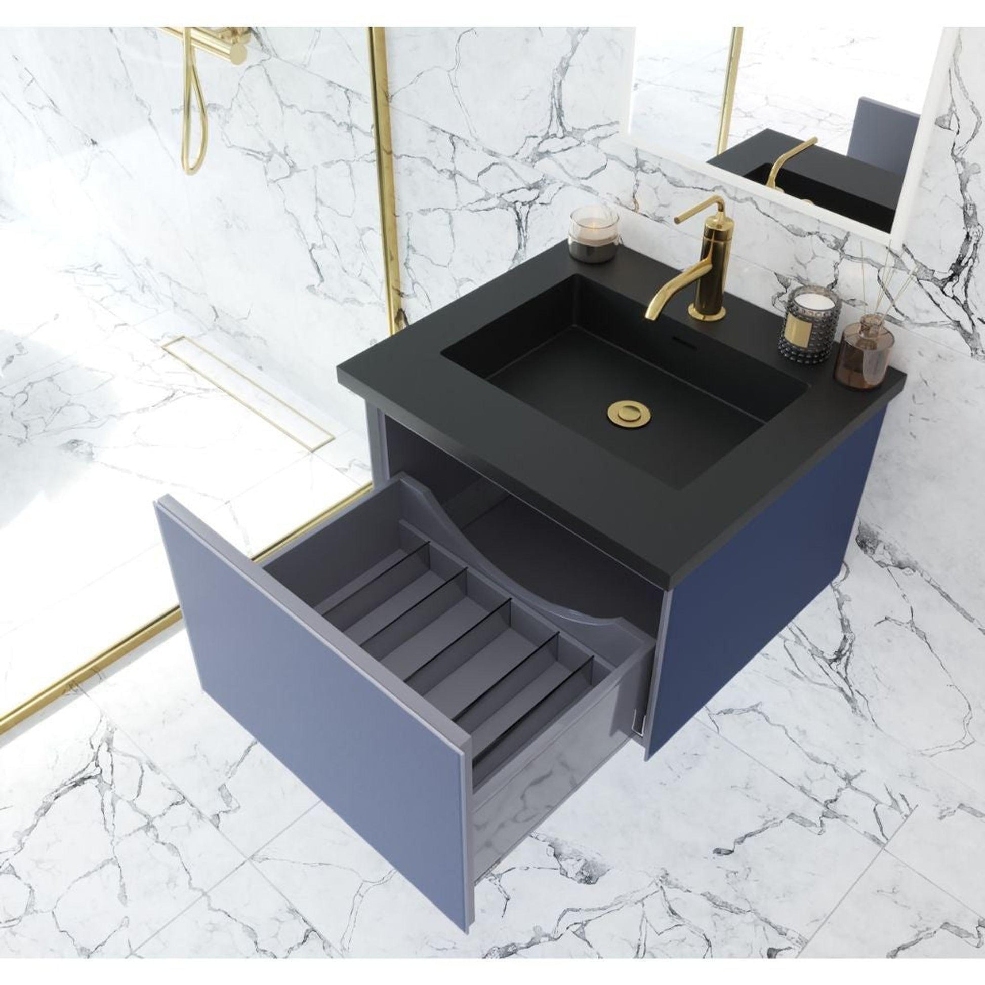 Laviva Vitri 24" Nautical Blue Vanity Base and Matte Black Solid Surface Countertop With Integrated Sink
