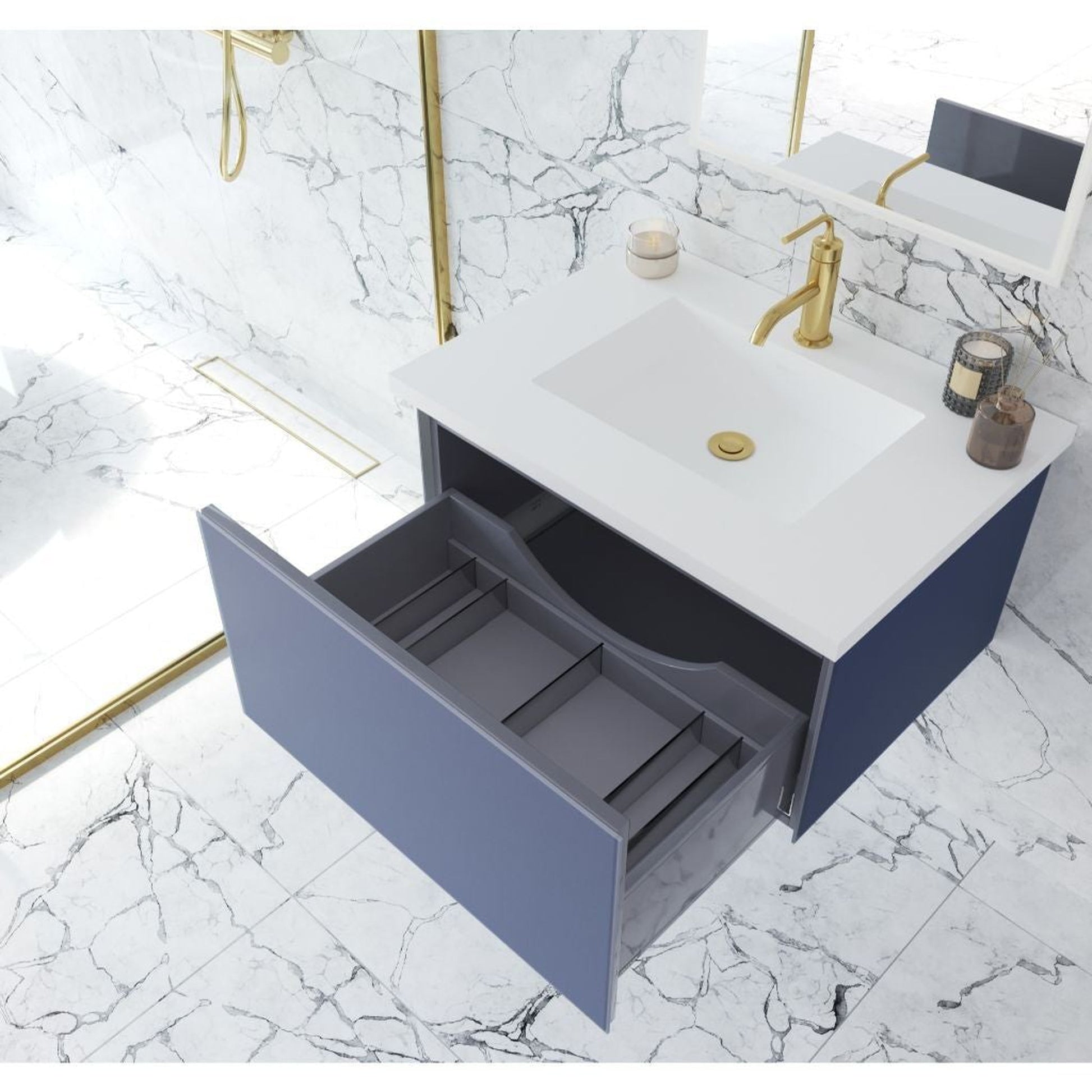 Laviva Vitri 30" Nautical Blue Vanity Base and Matte White Solid Surface Countertop With Integrated Sink