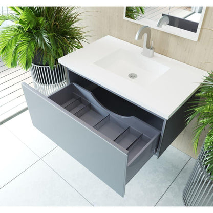 Laviva Vitri 36" Fossil Gray Vanity Base and Matte White Solid Surface Countertop With Integrated Sink