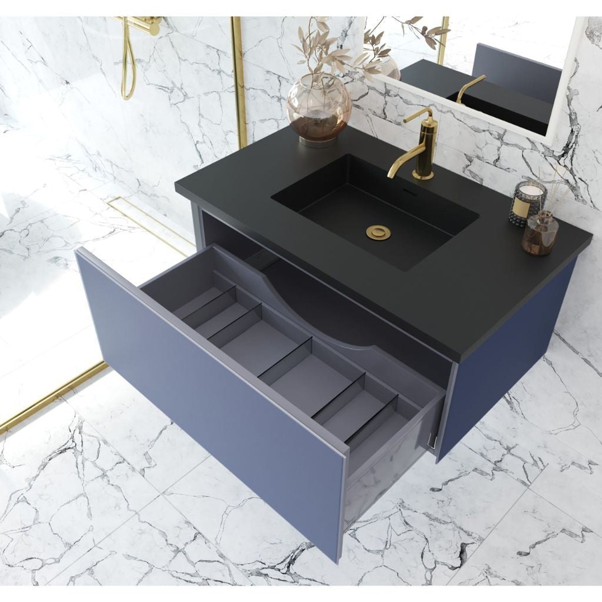 Laviva Vitri 36" Nautical Blue Vanity Base and Matte Black Solid Surface Countertop With Integrated Sink