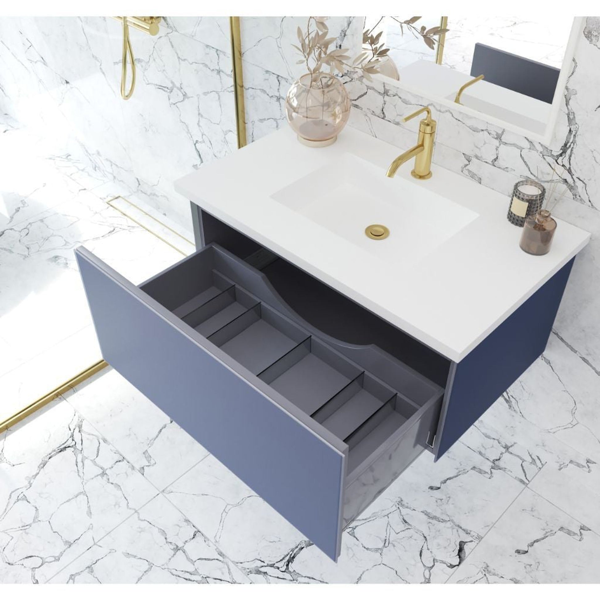 Laviva Vitri 36" Nautical Blue Vanity Base and Matte White Solid Surface Countertop With Integrated Sink