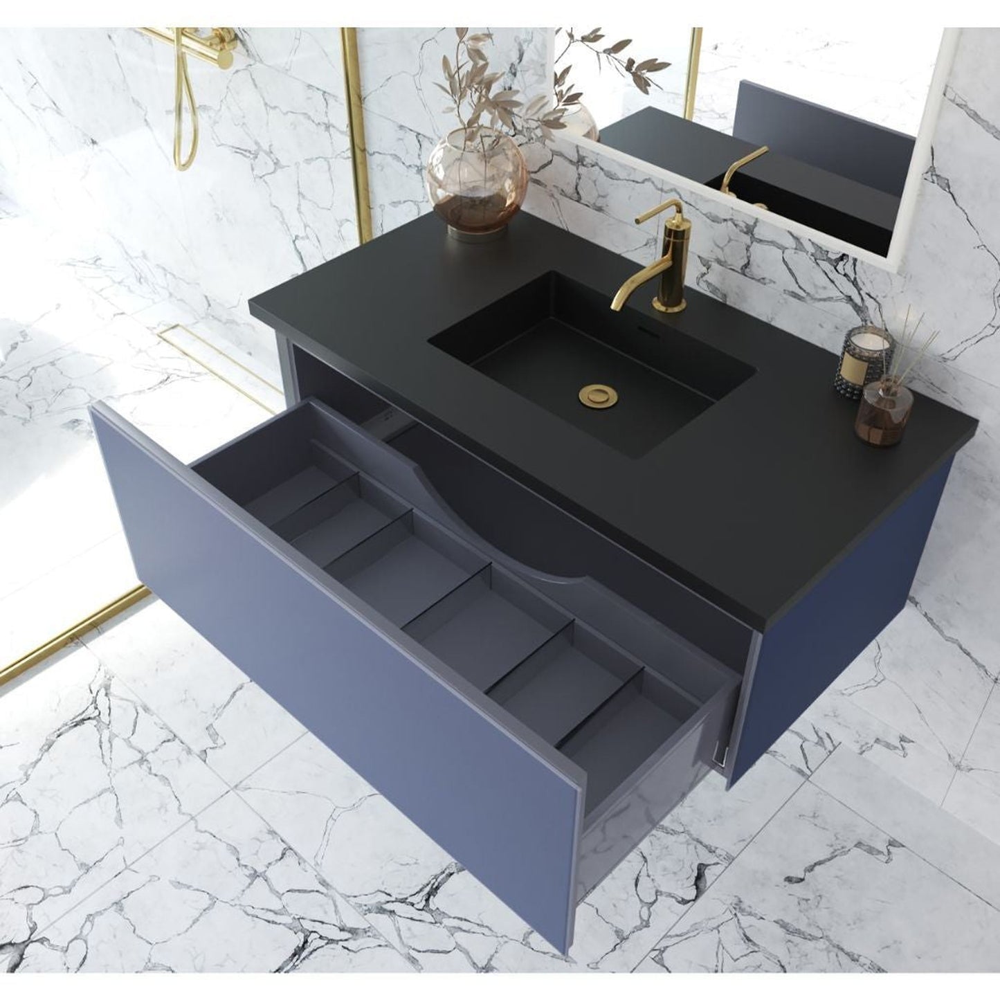 Laviva Vitri 42" Nautical Blue Vanity Base and Matte Black Solid Surface Countertop With Integrated Sink