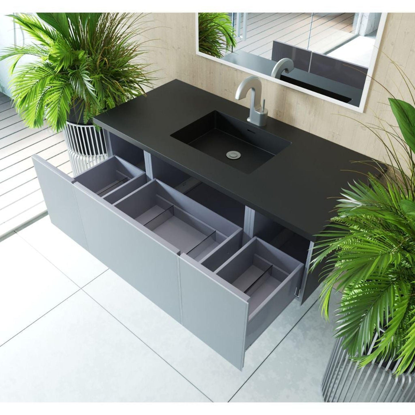 Laviva Vitri 48" Fossil Gray Vanity Base and Matte Black Solid Surface Countertop With Integrated Sink