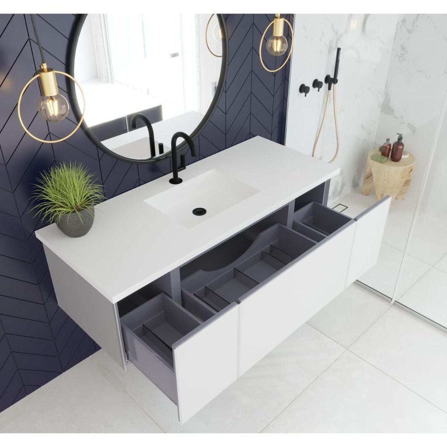 Laviva Vitri 54" Cloud White Vanity Base and Matte White Solid Surface Countertop With Integrated Sink