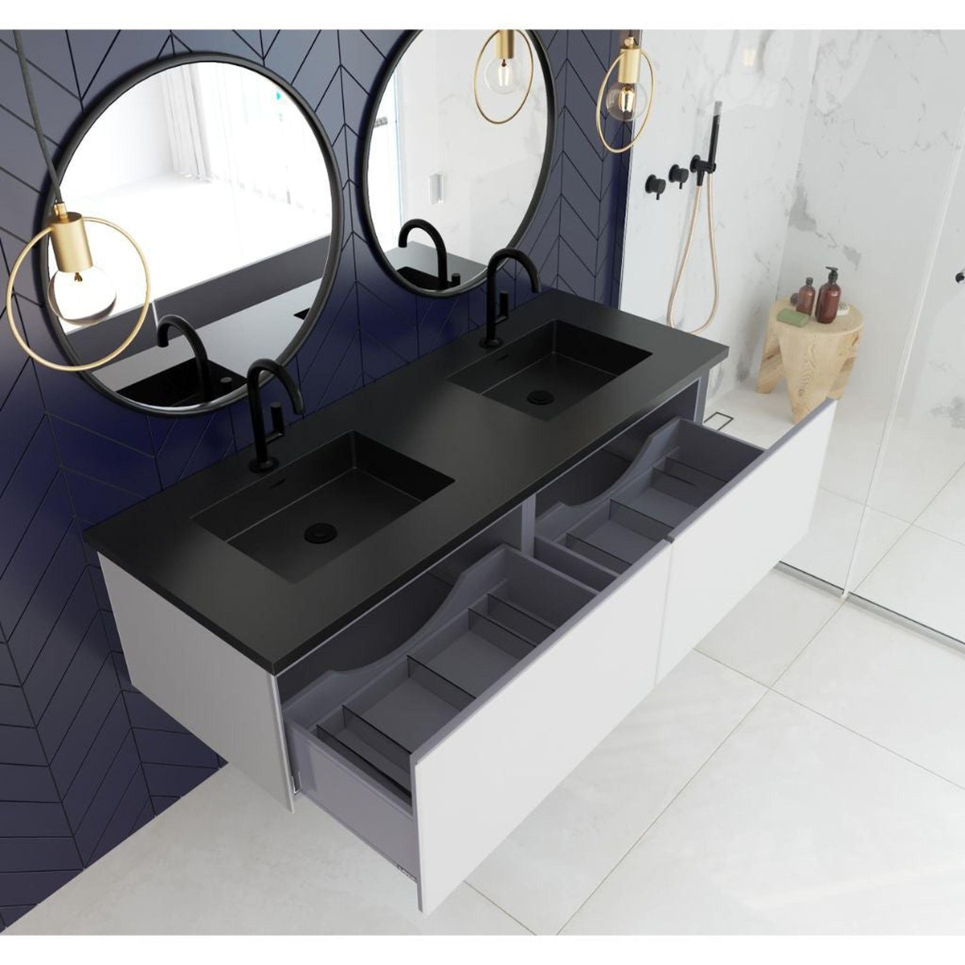 Laviva Vitri 60" Cloud White Vanity Base and Matte Black Solid Surface Countertop With Double Integrated Sink