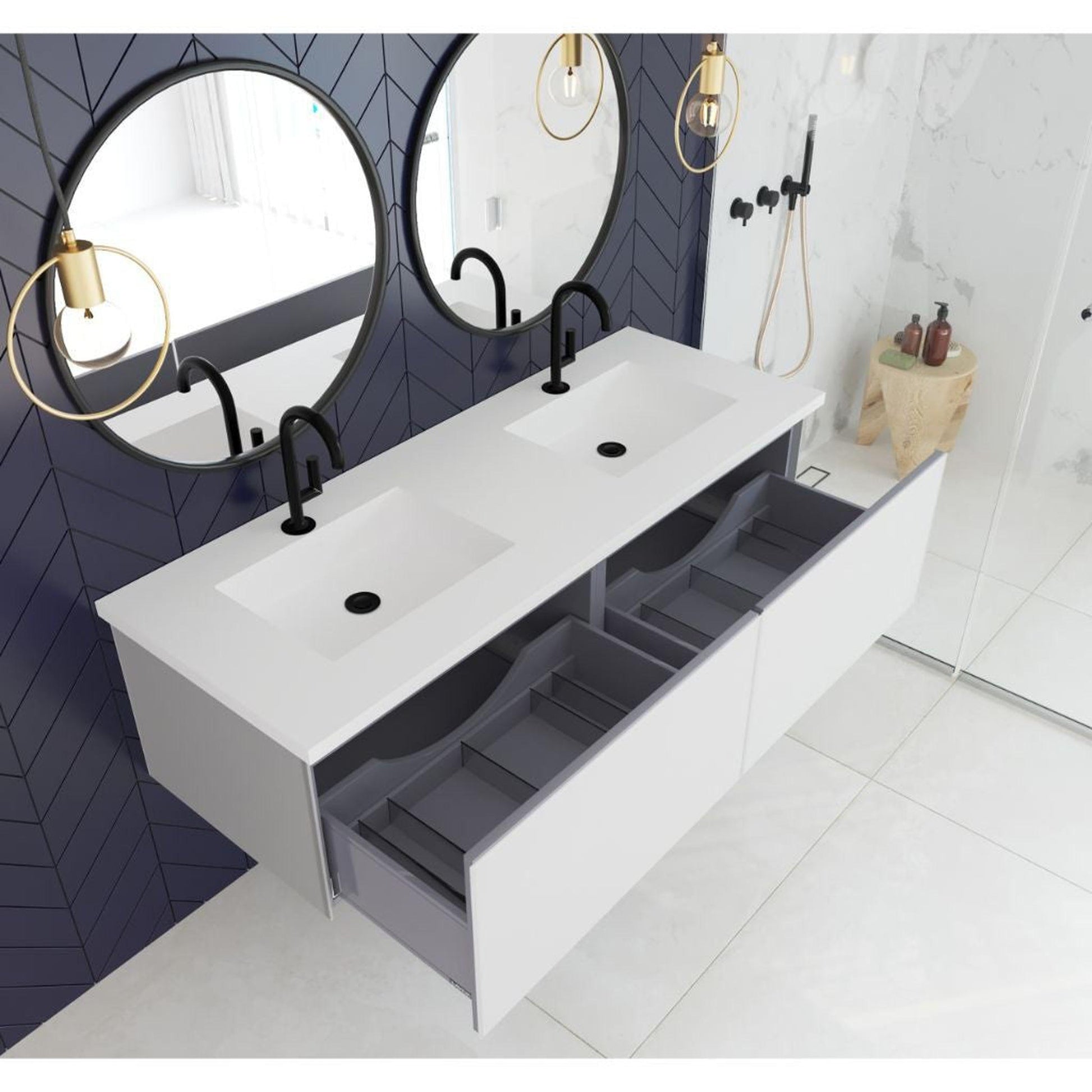 Laviva Vitri 60" Cloud White Vanity Base and Matte White Solid Surface Countertop With Double Integrated Sink