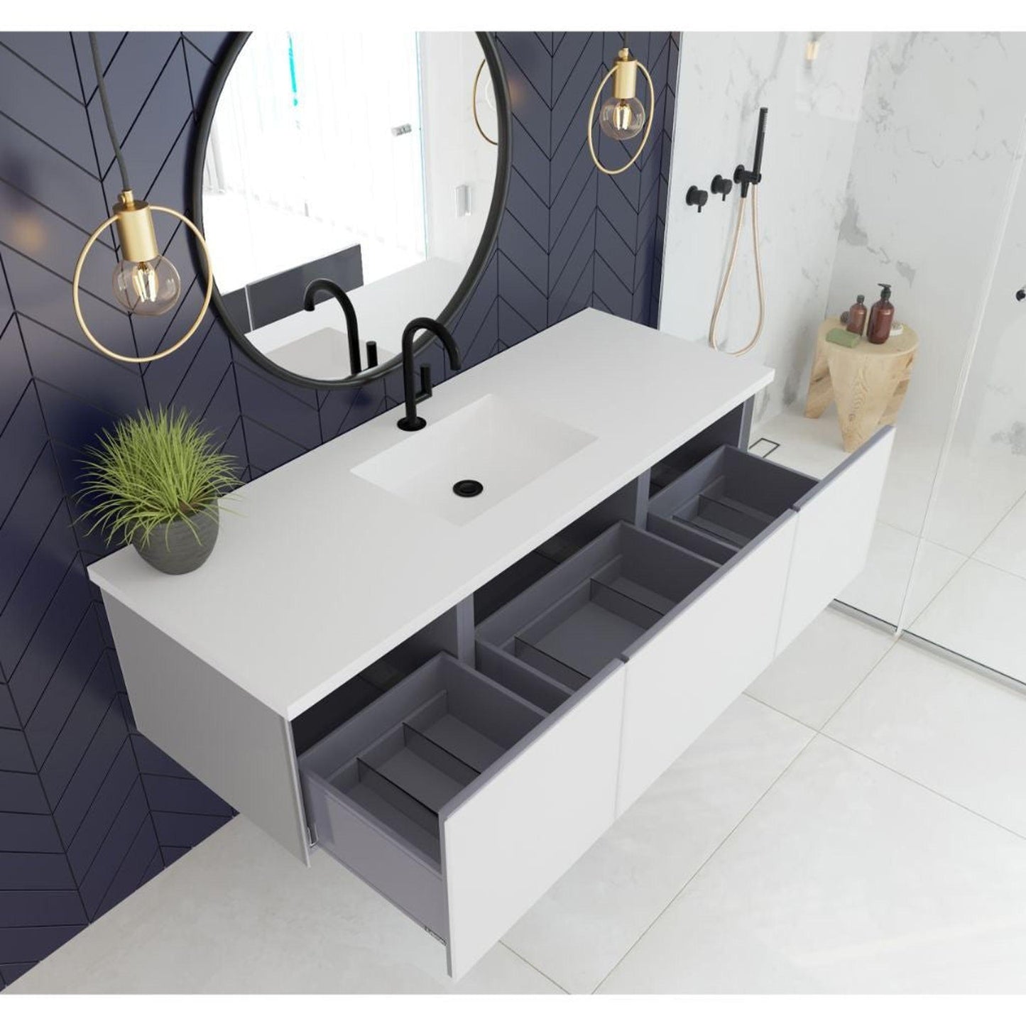 Laviva Vitri 60" Cloud White Vanity Base and Matte White Solid Surface Countertop With Single Integrated Sink