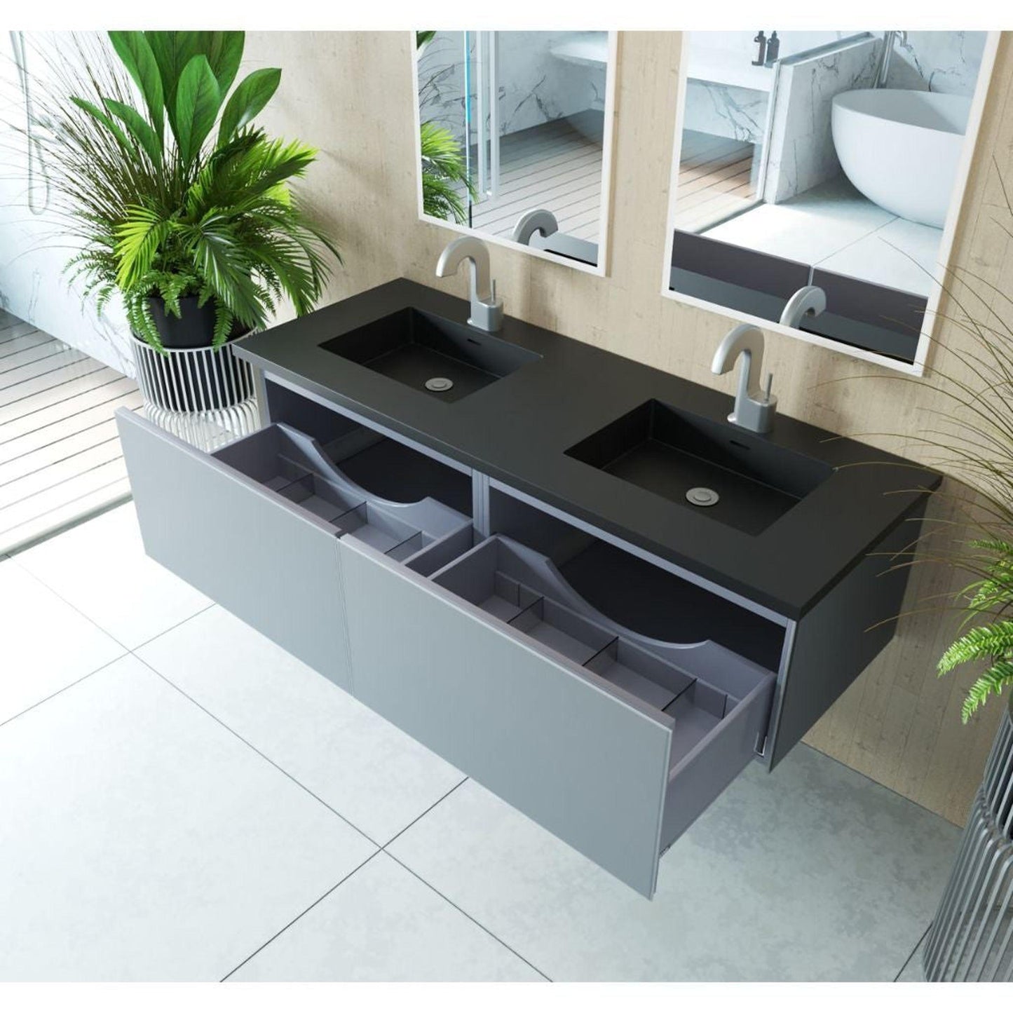 Laviva Vitri 60" Fossil Gray Vanity Base and Matte Black Solid Surface Countertop With Double Integrated Sink