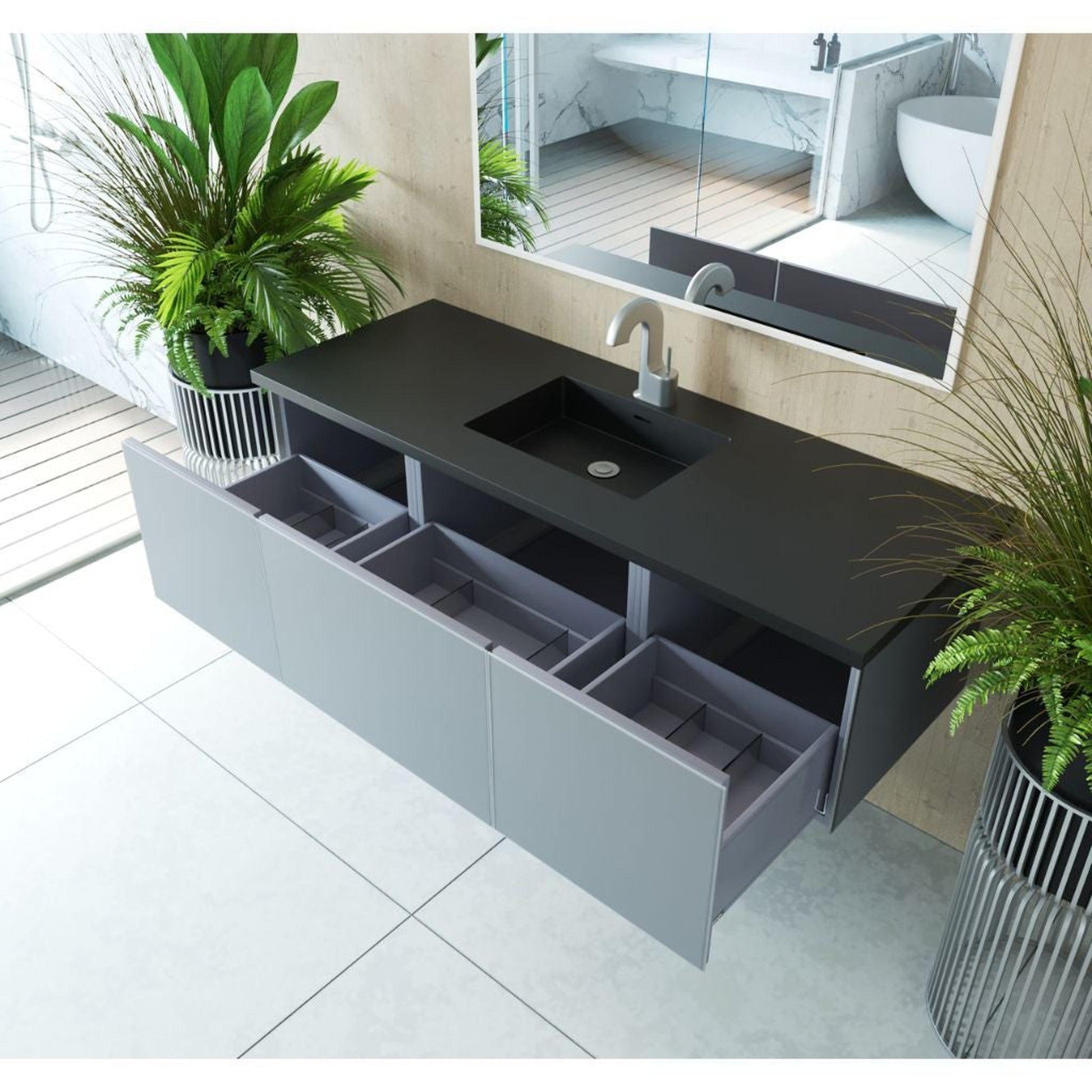 Laviva Vitri 60" Fossil Gray Vanity Base and Matte Black Solid Surface Countertop With Single Integrated Sink