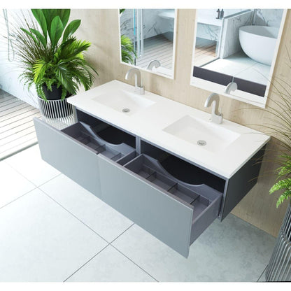 Laviva Vitri 60" Fossil Gray Vanity Base and Matte White Solid Surface Countertop With Double Integrated Sink