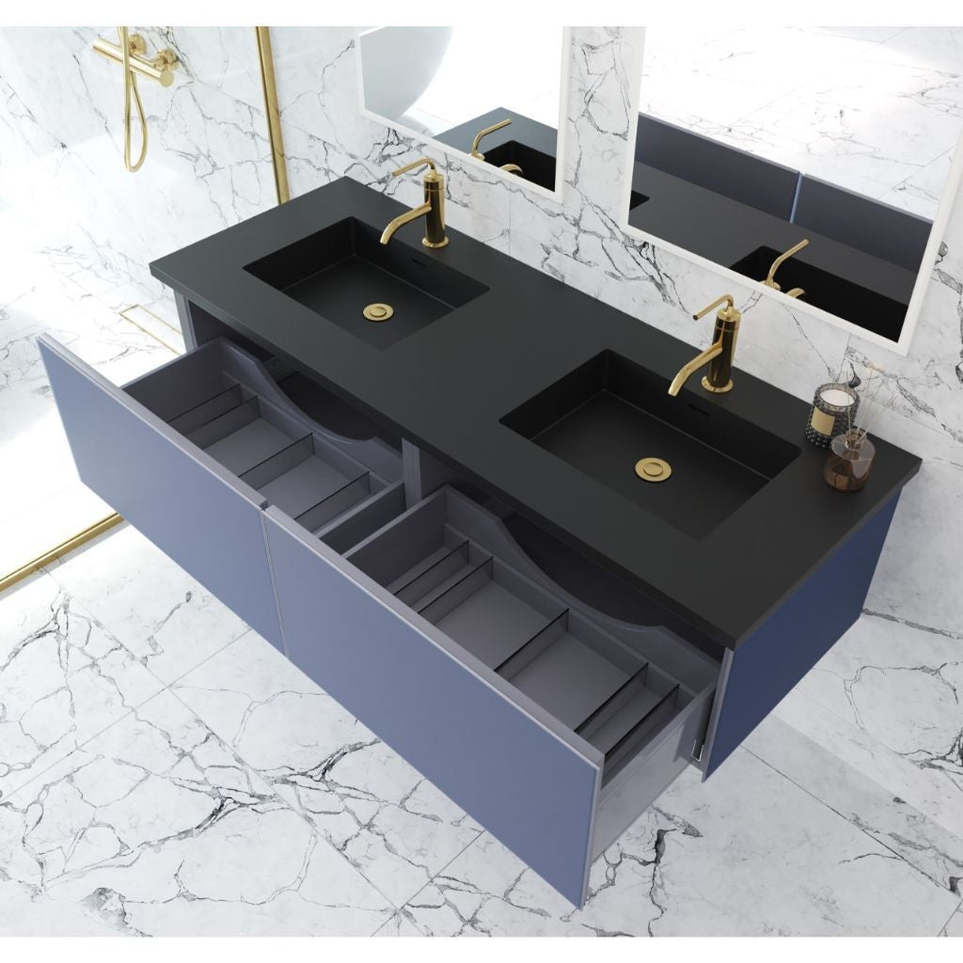 Laviva Vitri 60" Nautical Blue Vanity Base and Matte Black Solid Surface Countertop With Double Integrated Sink