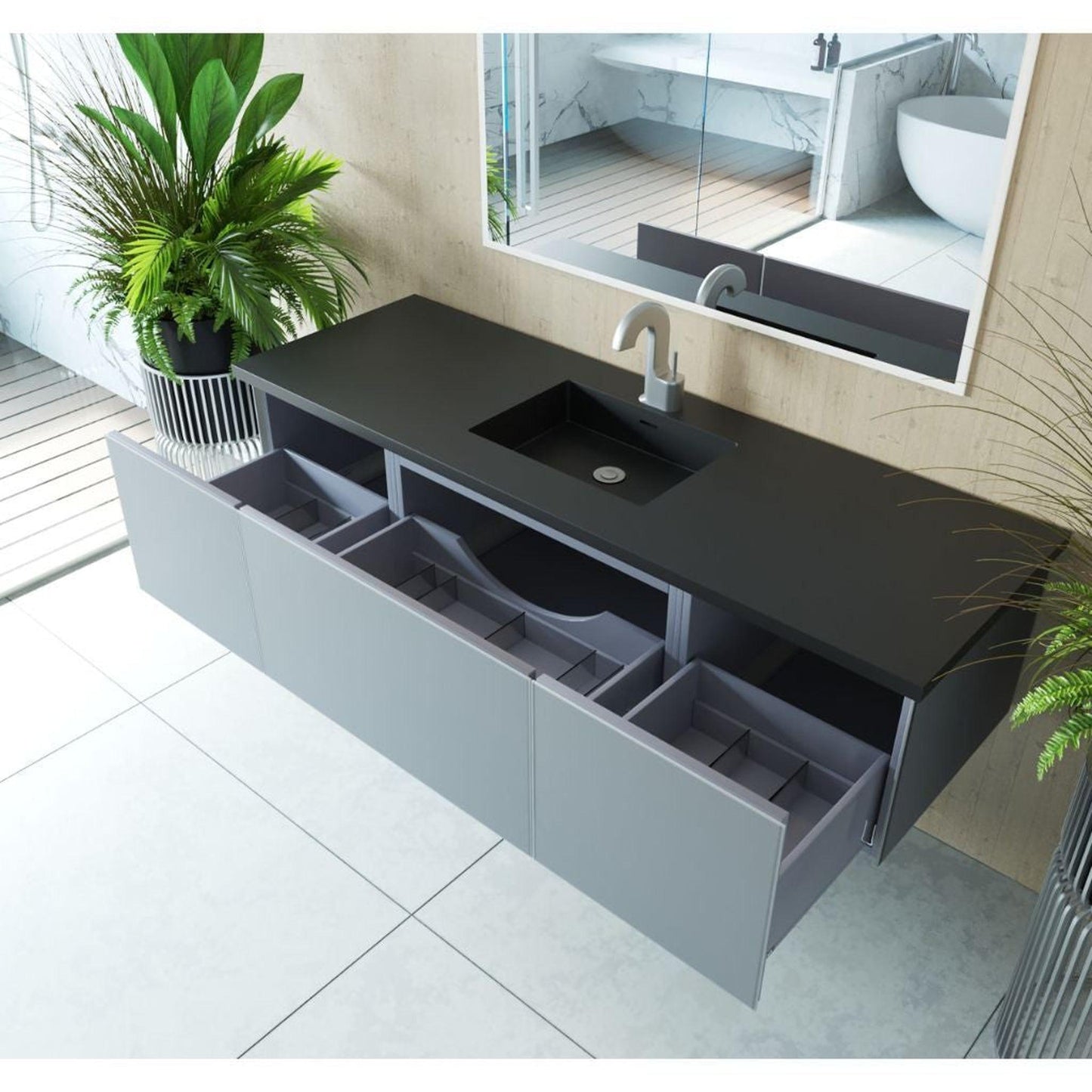 Laviva Vitri 66" Fossil Gray Vanity Base and Matte Black Solid Surface Countertop With Integrated Sink