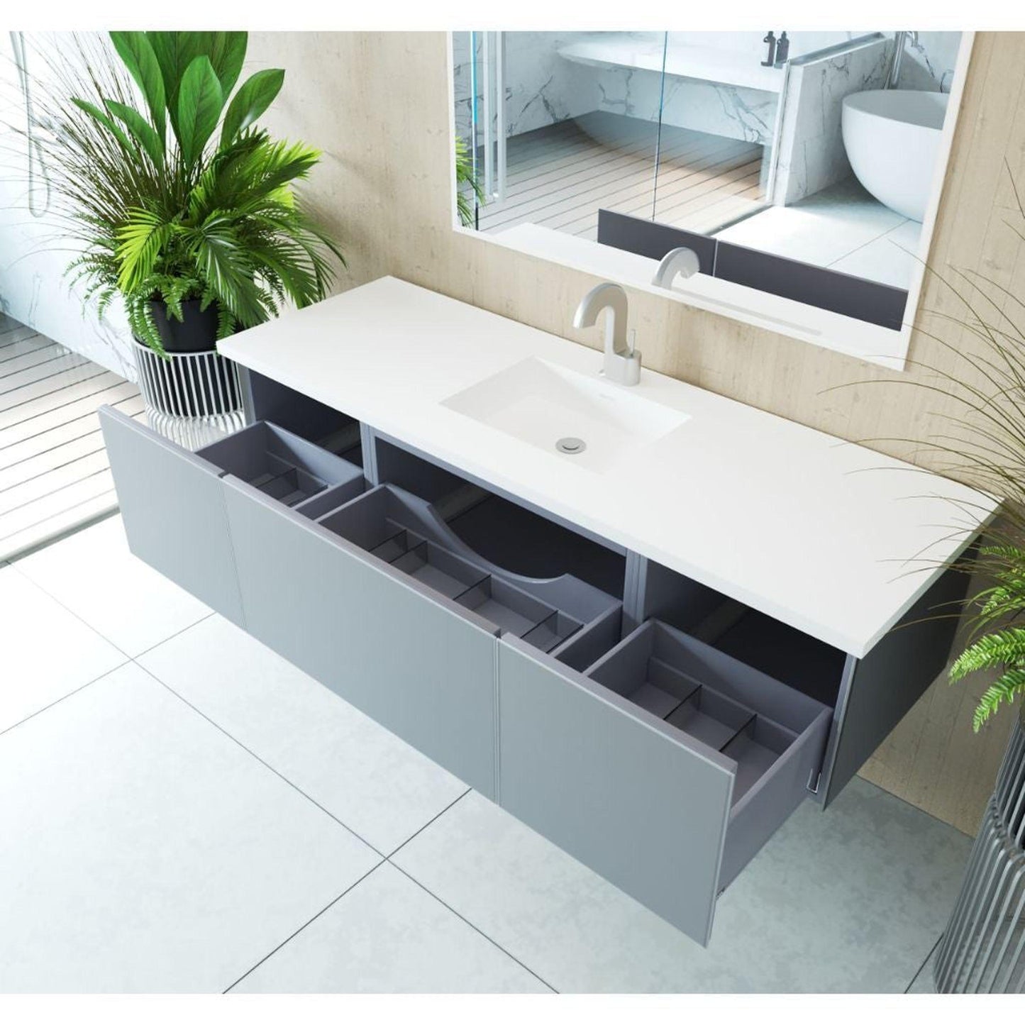 Laviva Vitri 66" Fossil Gray Vanity Base and Matte White Solid Surface Countertop With Integrated Sink