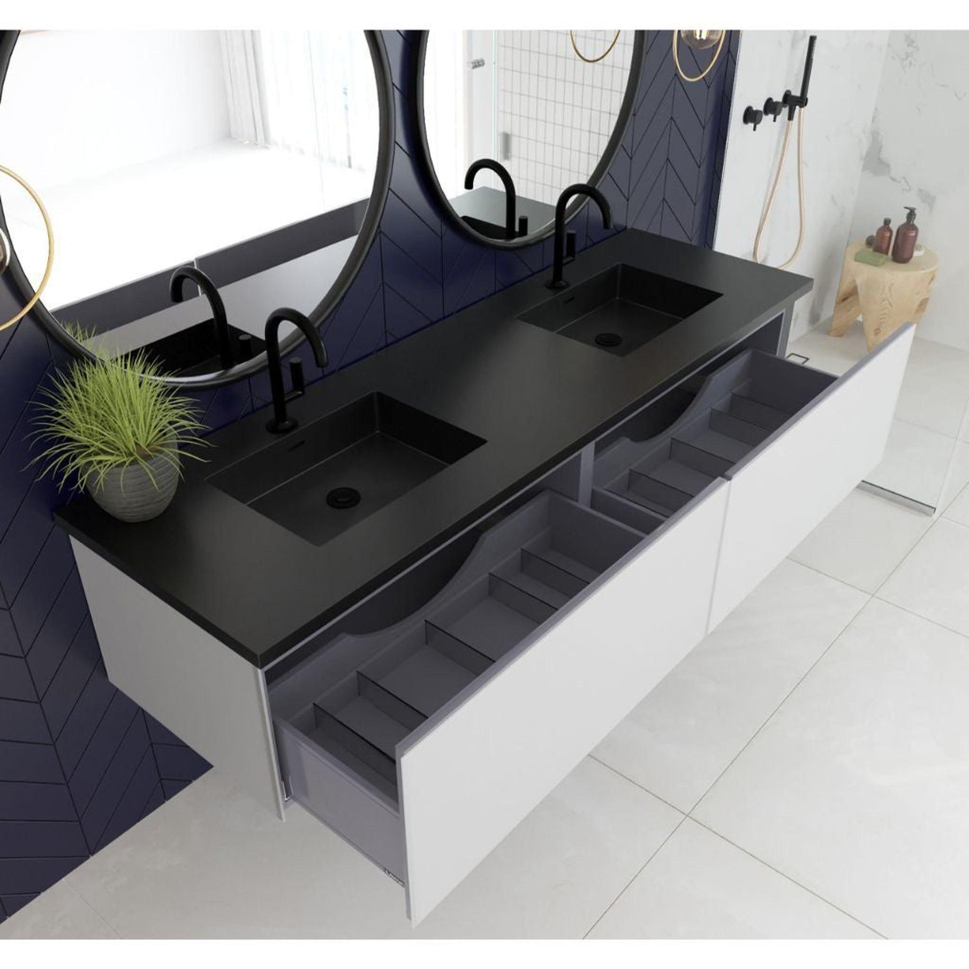 Laviva Vitri 72" Cloud White Vanity Base and Matte Black Solid Surface Countertop With Double Integrated Sink