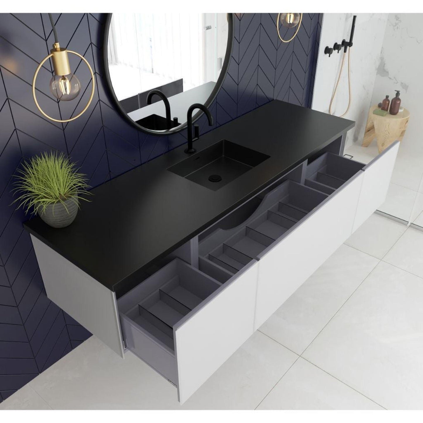 Laviva Vitri 72" Cloud White Vanity Base and Matte Black Solid Surface Countertop With Single Integrated Sink