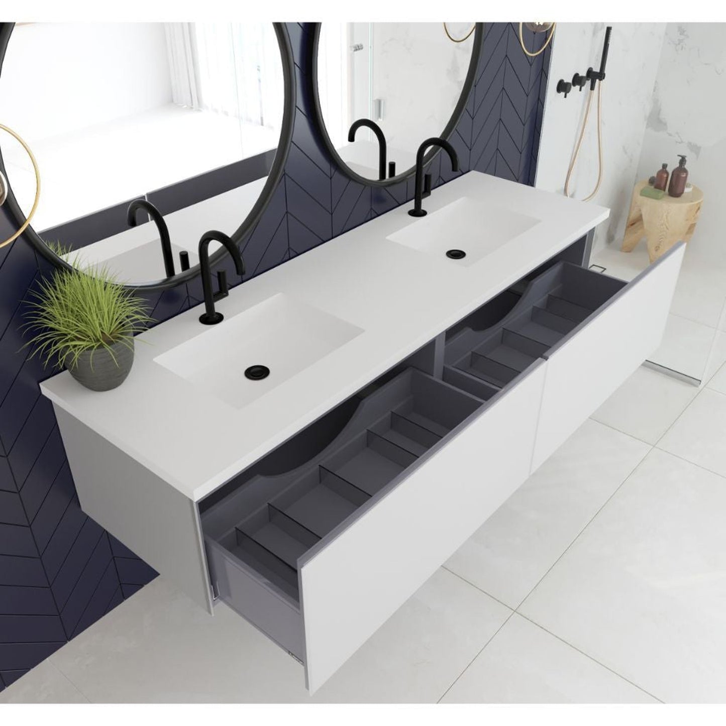 Laviva Vitri 72" Cloud White Vanity Base and Matte White Solid Surface Countertop With Double Integrated Sink