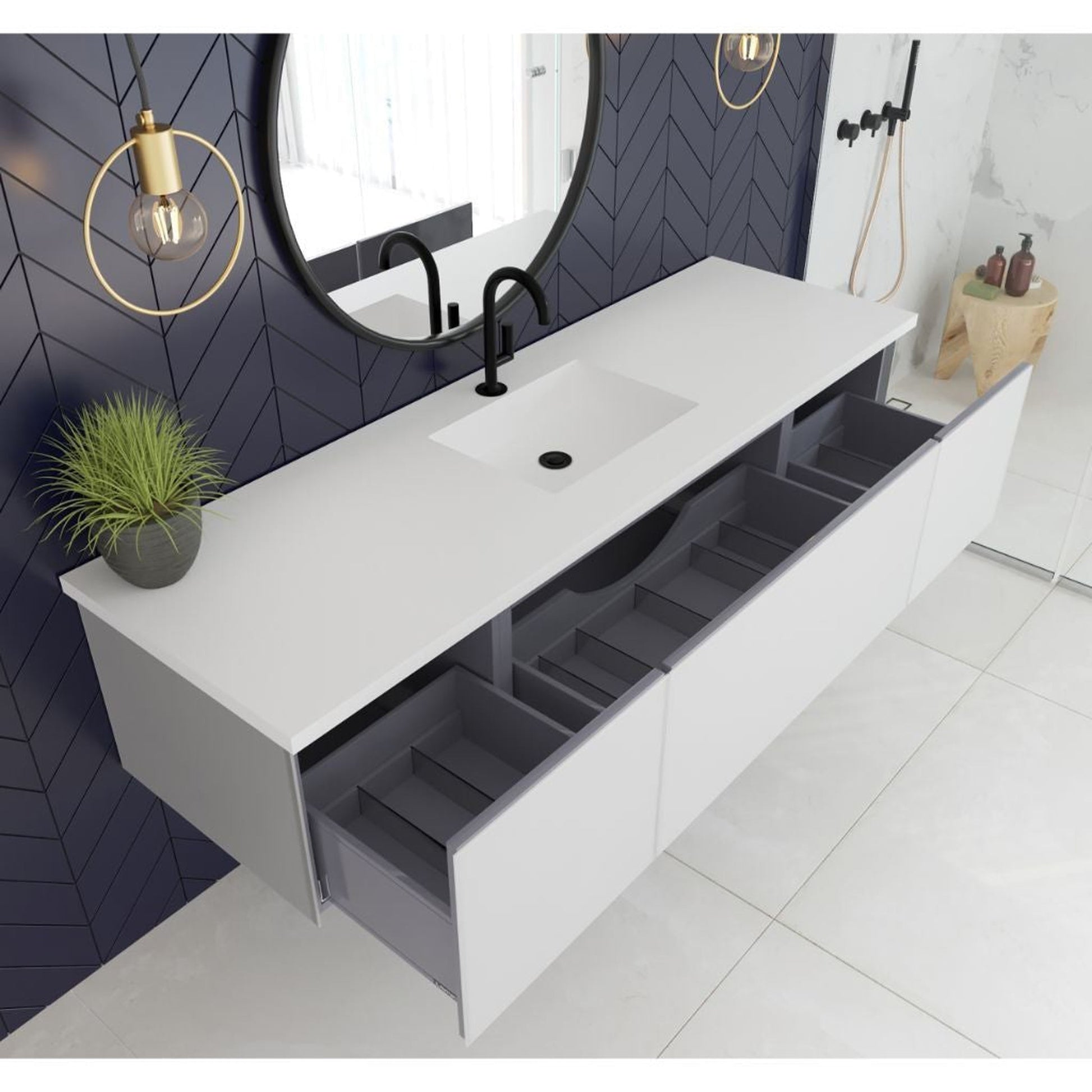 Laviva Vitri 72" Cloud White Vanity Base and Matte White Solid Surface Countertop With Single Integrated Sink