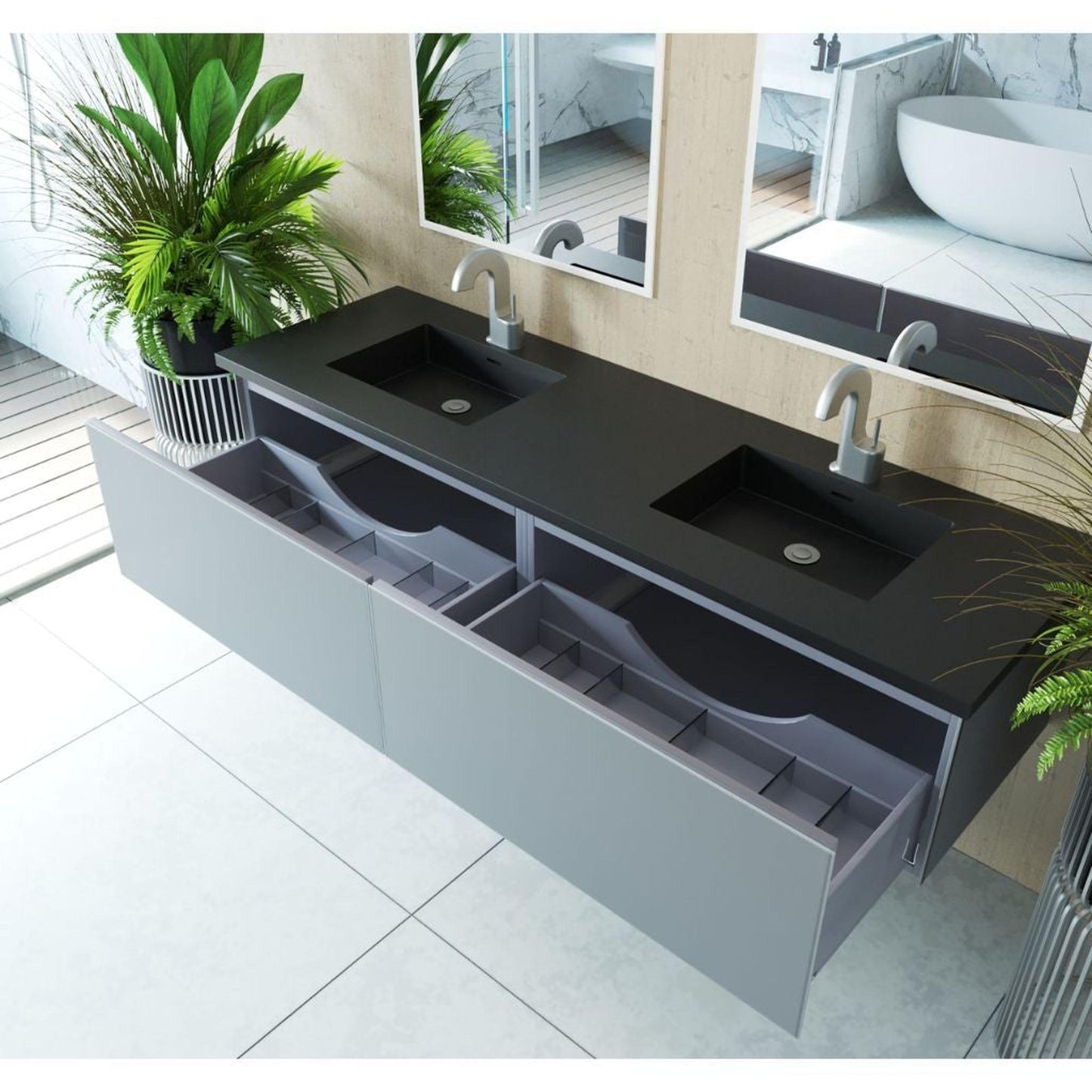 Laviva Vitri 72" Fossil Gray Vanity Base and Matte Black Solid Surface Countertop With Double Integrated Sink