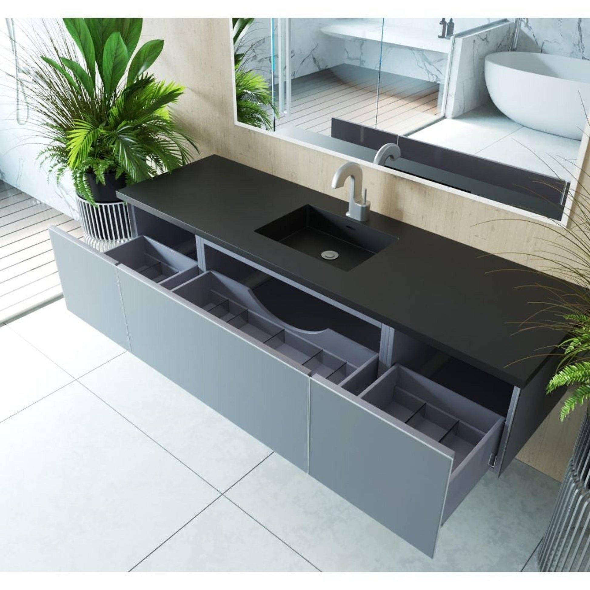 Laviva Vitri 72" Fossil Gray Vanity Base and Matte Black Solid Surface Countertop With Single Integrated Sink
