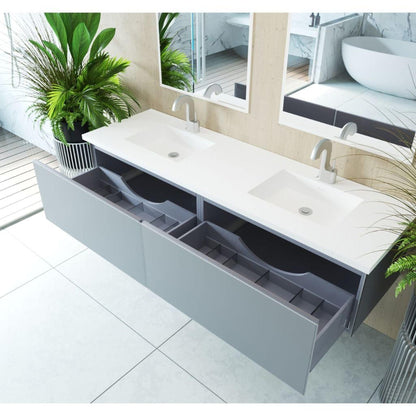 Laviva Vitri 72" Fossil Gray Vanity Base and Matte White Solid Surface Countertop With Double Integrated Sink