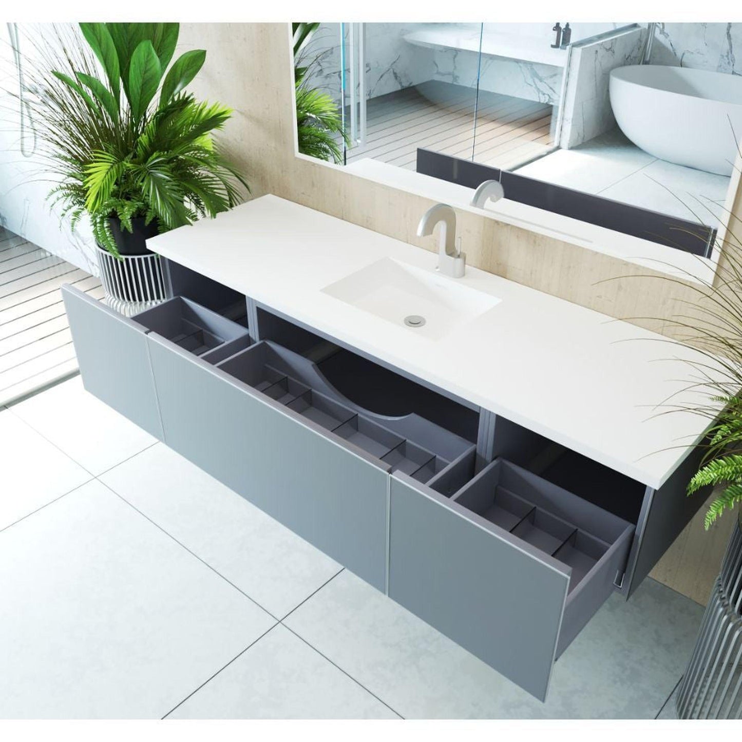 Laviva Vitri 72" Fossil Gray Vanity Base and Matte White Solid Surface Countertop With Single Integrated Sink