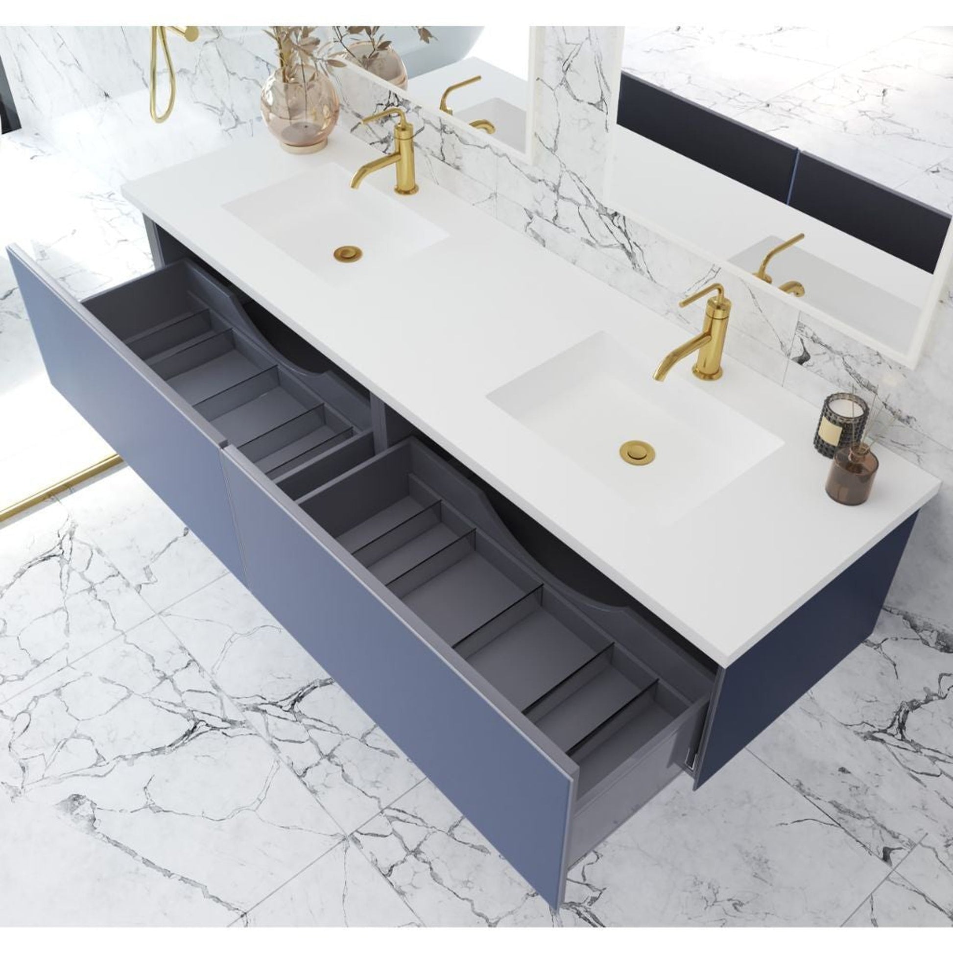 Laviva Vitri 72" Nautical Blue Vanity Base and Matte White Solid Surface Countertop With Double Integrated Sink